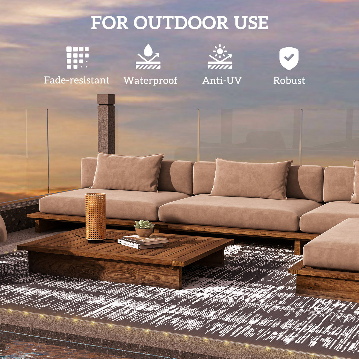 Reversible Outdoor Rug Carpet with LED Lights, Carry Bag & Ground Stakes for Backyard, Deck, Picnic, Beach, 12' x 9'