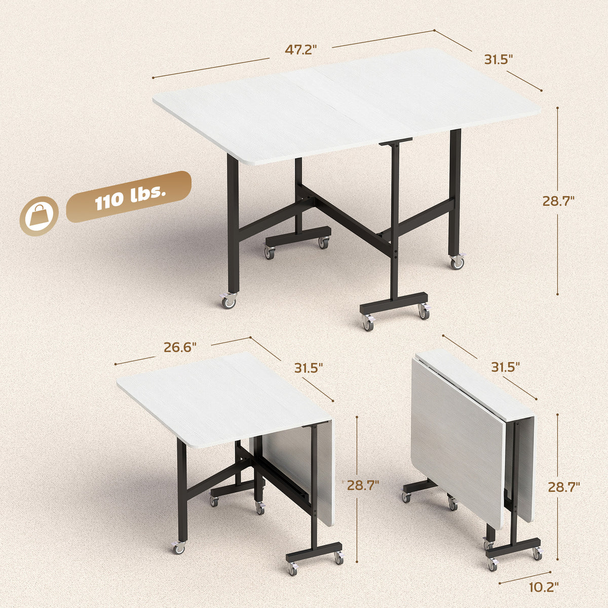 Drop-Leaf Table for Small Spaces, Extendable Kitchen Table with 6 Smooth Wheels & Brakes, Space-Saving Design, White