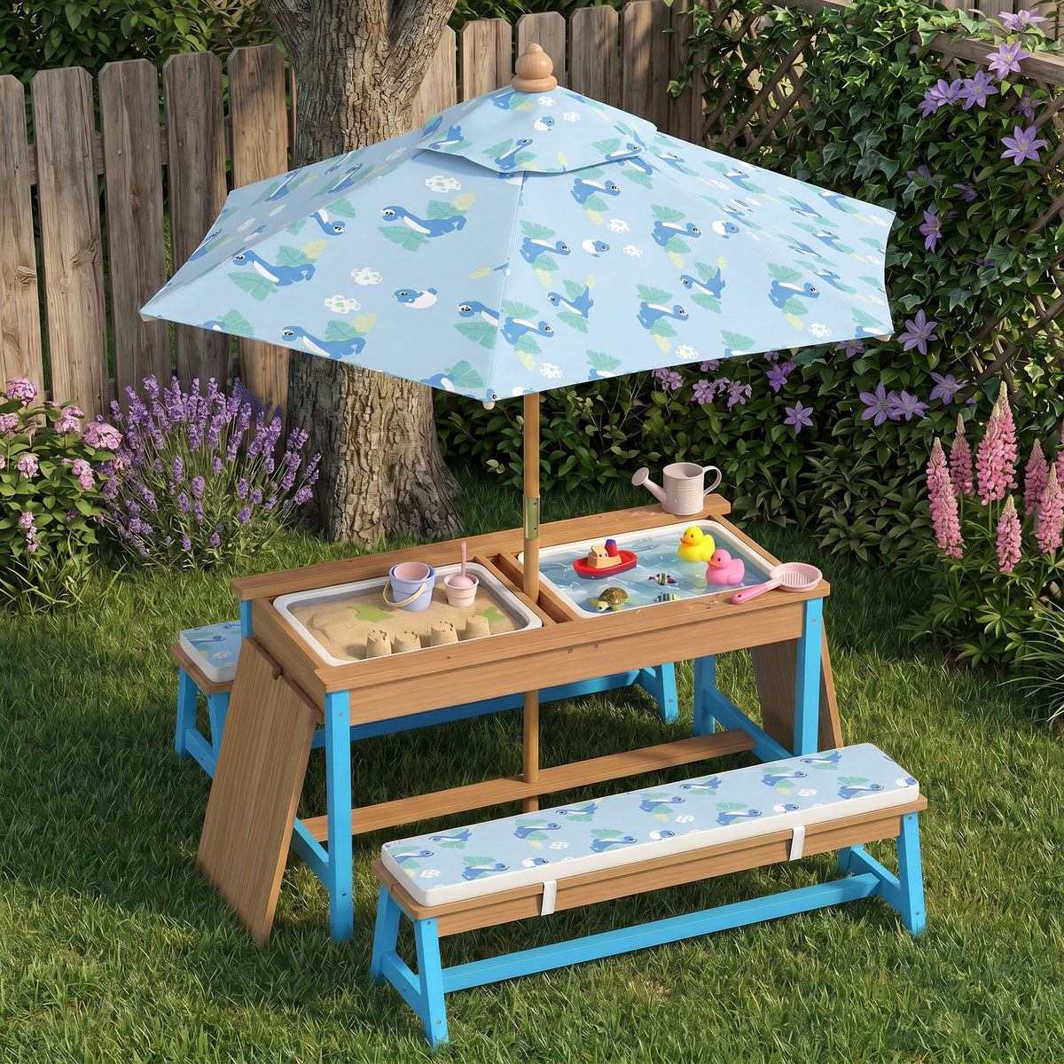 Qaba Kids Picnic Table Set with Foldable Umbrella, Removable Cushions & Boxes, Dinosaur Theme, Blue