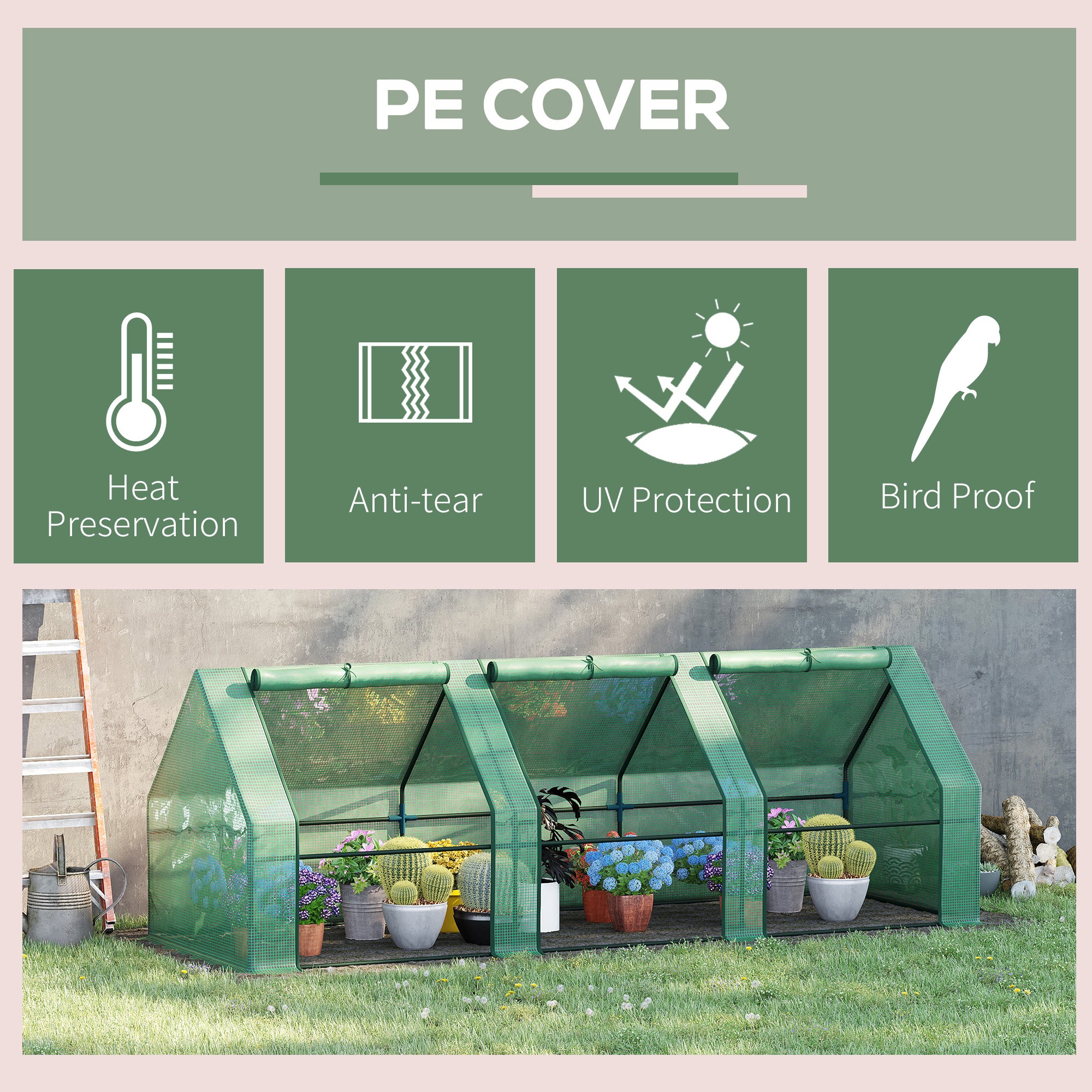 9' x 3' x 3' Portable Mini Greenhouse Outdoor Garden with Large Zipper Doors and Water/UV PE Cover, Green - Green - Image 5
