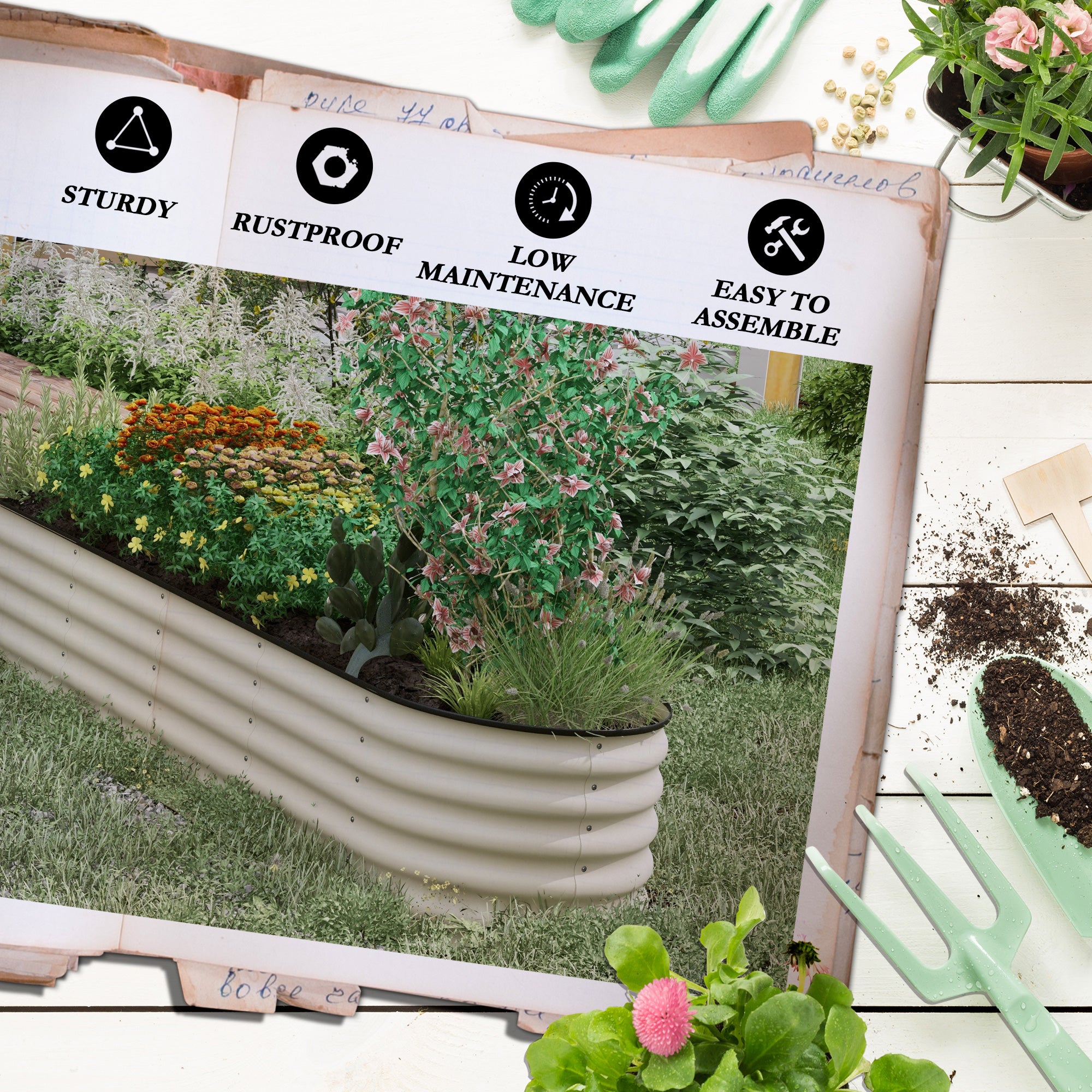 7.9' x 2' x 1.4' Galvanized Raised Garden Bed Kit, Metal Planter Box with Safety Edging, Cream - Cream White - Image 7