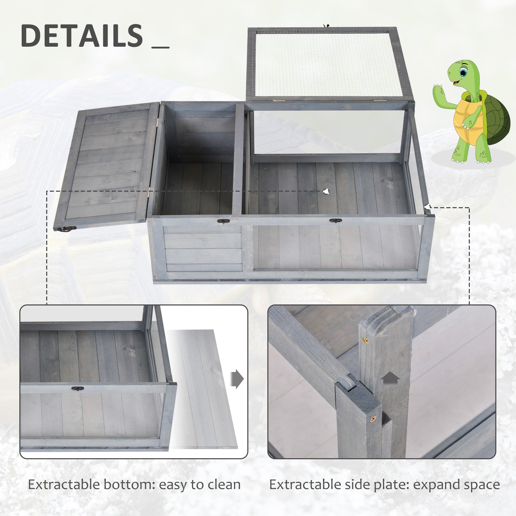 Wooden Reptile Cage with 3 Windows Slide-out Tray for Turtles, Lizards, Snakes - Grey - Image 5