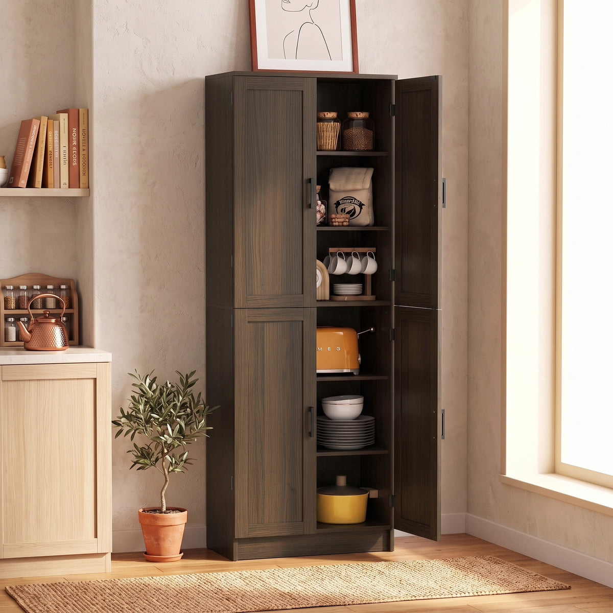 Freestanding Kitchen Pantry, 4-Door Kitchen Pantry Cabinet with Adjustable Shelves and Doors, Brown