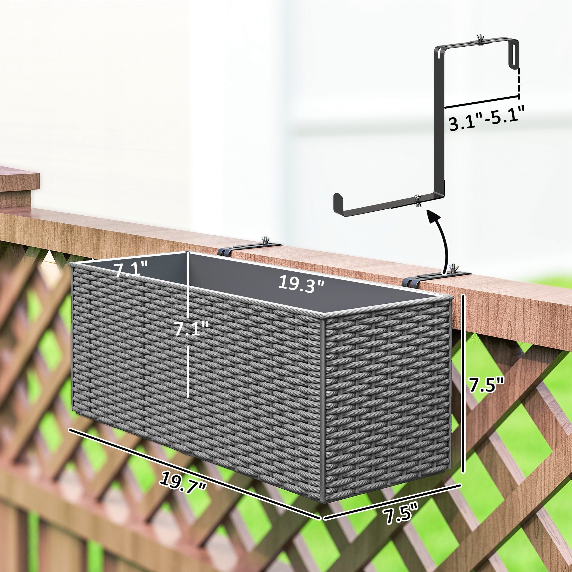 2 Pack 20 Inch Railing Flower Pots, Hanging Flower Pots with Hooks, Drainage Holes for Fence, Rattan Look, Gray - Gray - Image 3