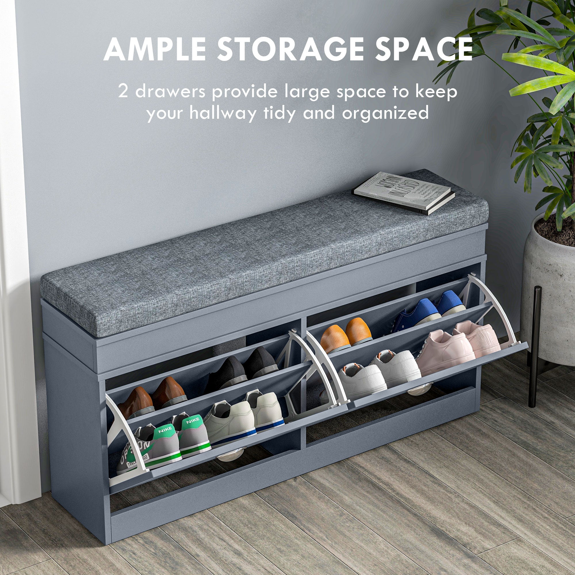 Modern Shoe Storage Bench, Entry Way Bench with Cushion, 2 Drawers, Storage Ottoman Bench, Holds 8 Pairs, Gray