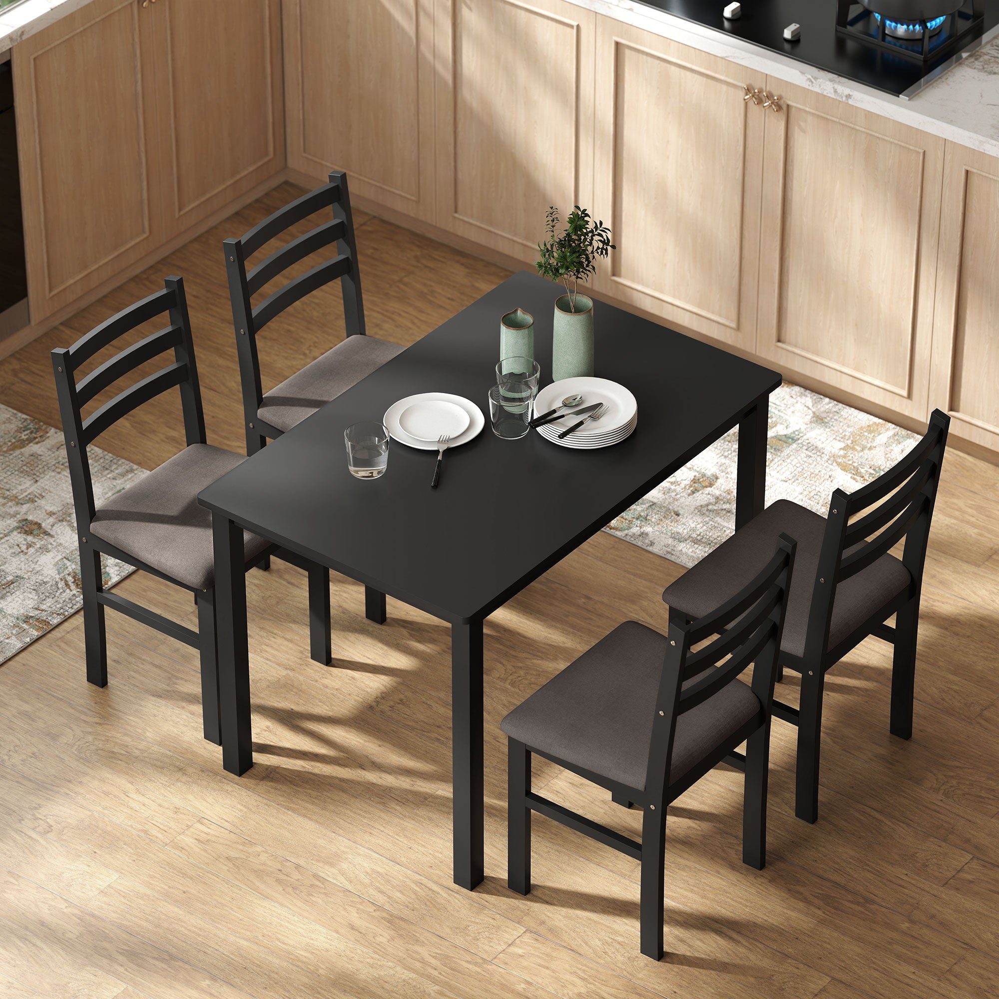 5-Piece Small Kitchen Table Set for 4, Farmhouse Dining Table Set with Upholstered Chairs and Rubber Wood Legs, Black