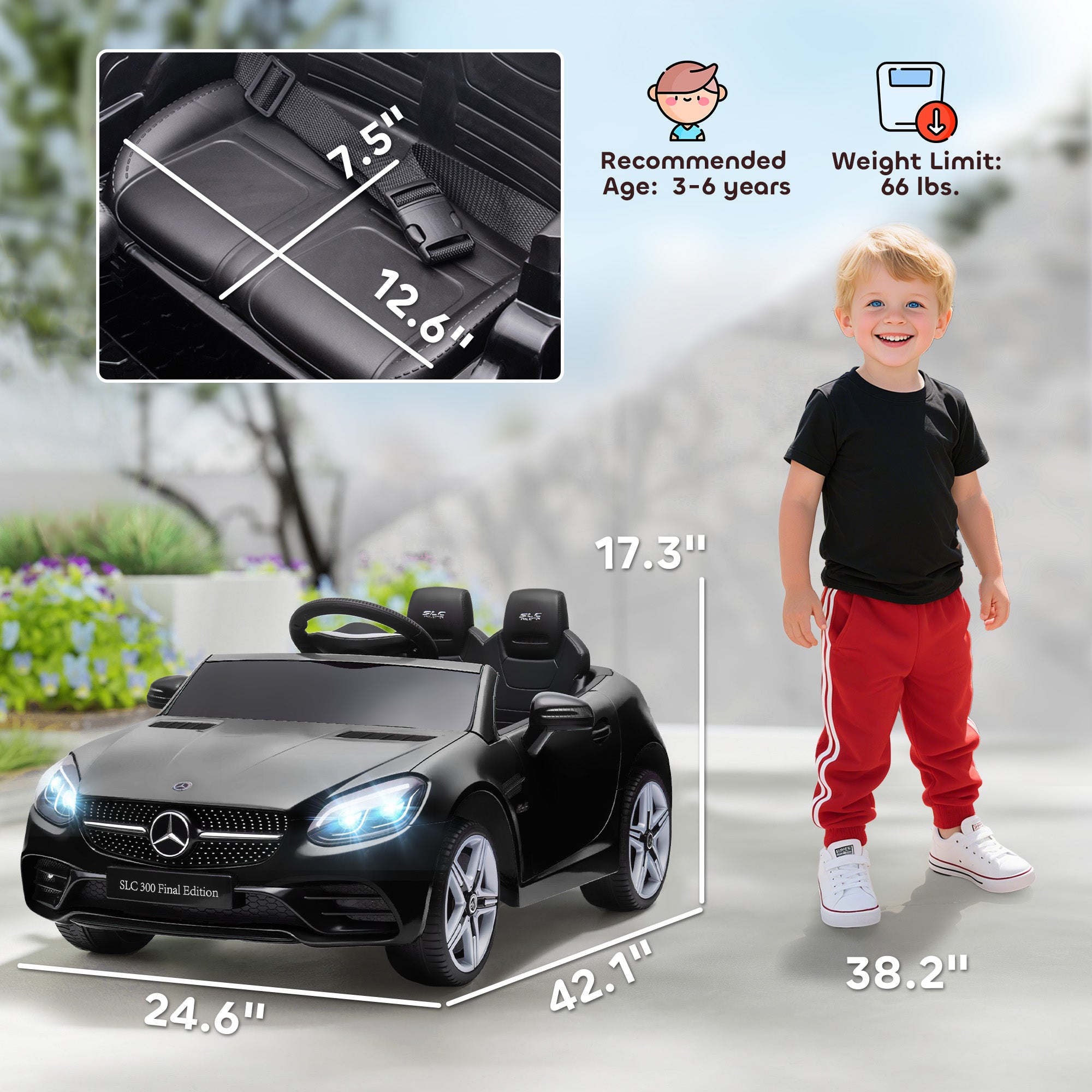 Mercedes SLC 300 Licensed Kids Electric Car with Remote Control, 12V Battery Powered Kids Ride on Car with Music, Lights, Suspension for 3-6 Years Old, Black