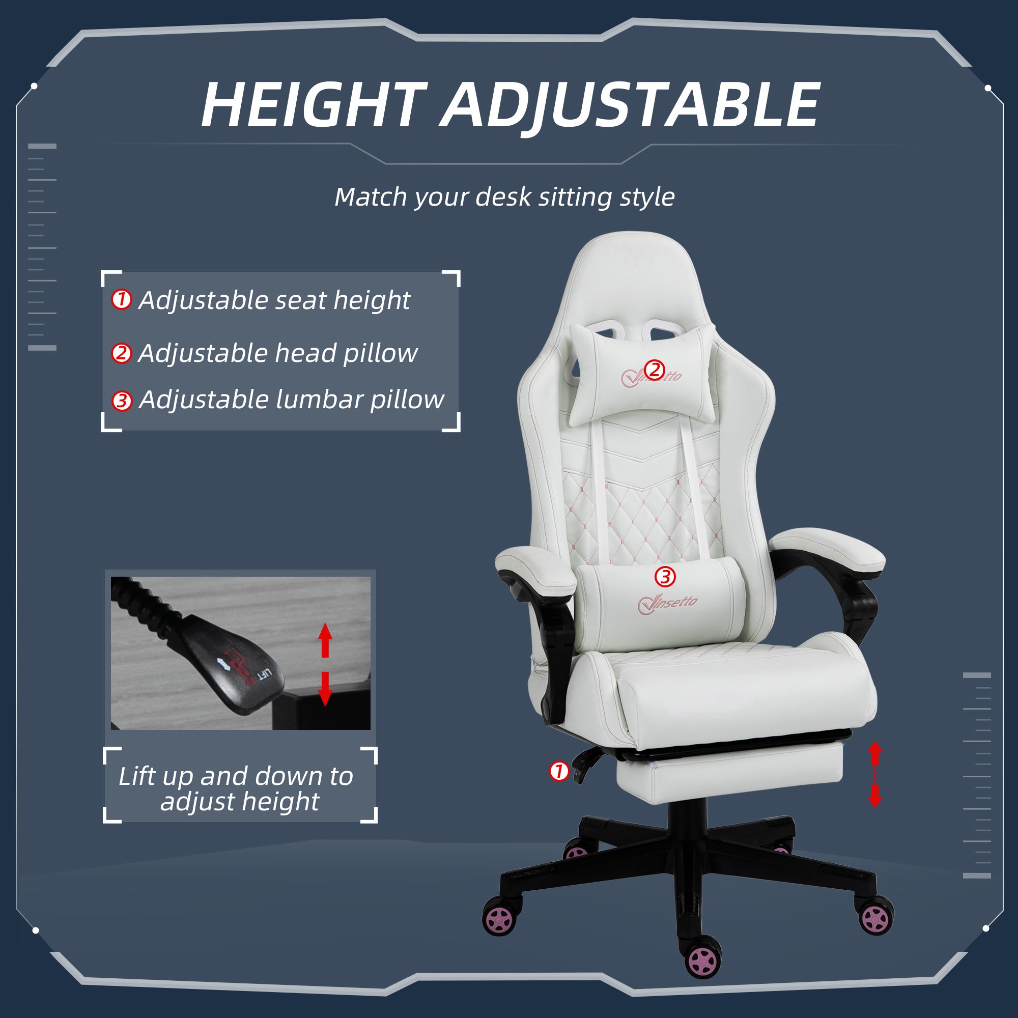 High Back PU Leather Gaming Chair, Racing Computer Chair with Swivel Wheels, Retractable Footrest, Headrest, Lumbar Support, and Armrest, White and Pink