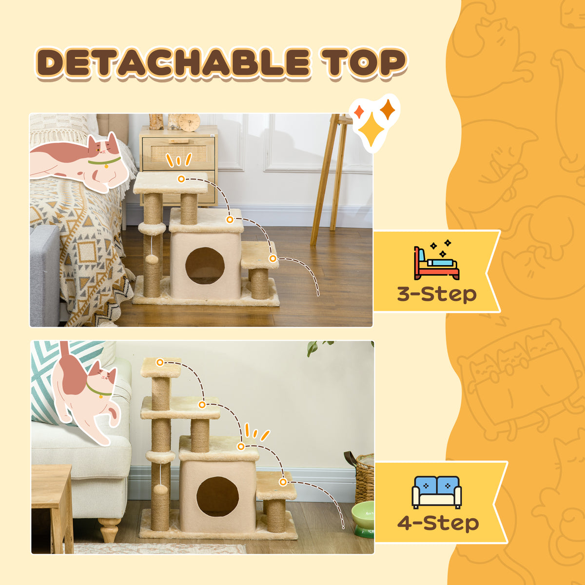 Adjustable Height 3 Step/4 Step Cat Stairs w/ Jute Cat Scratching Post, Cat Condo, Toy Ball, for Bed, Sofa, Couch, Beige