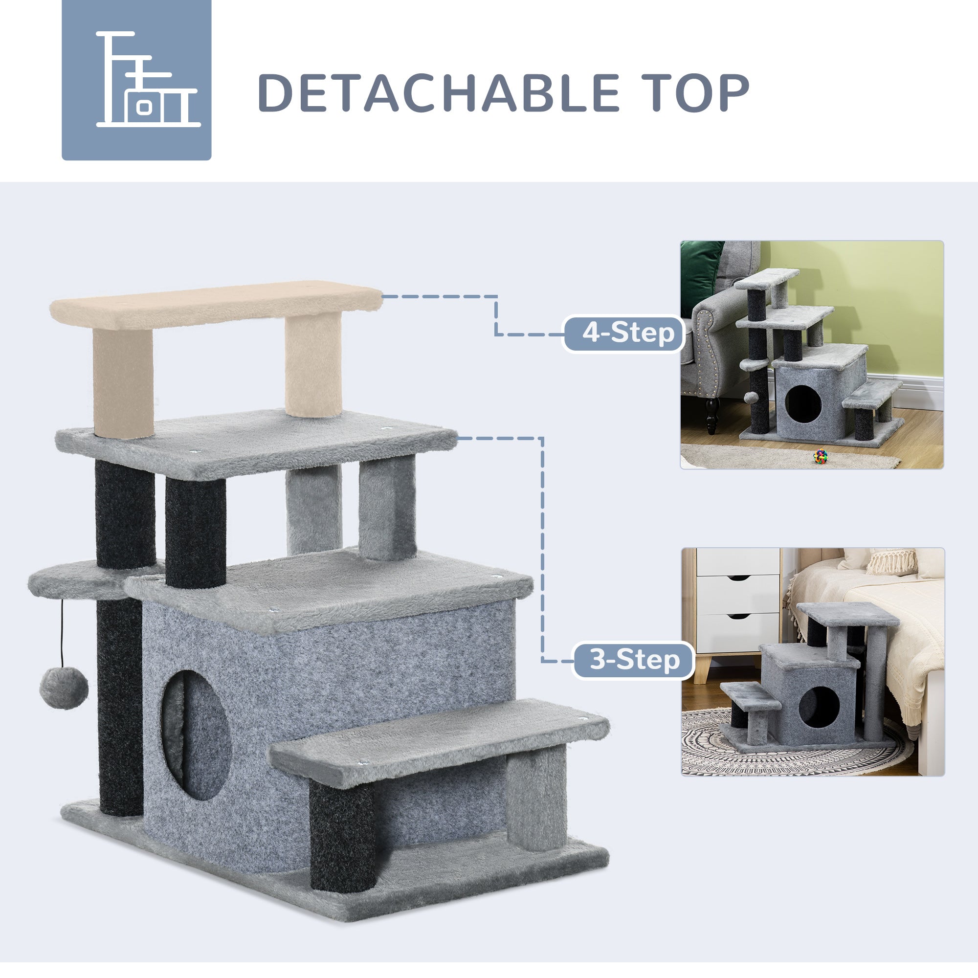 Adjustable Height 3 Step/4 Step Cat Stairs with Cat Scratching Post, Cat Condo, Toy Ball, for Bed, Sofa, Couch, Gray - Gray - Image 4