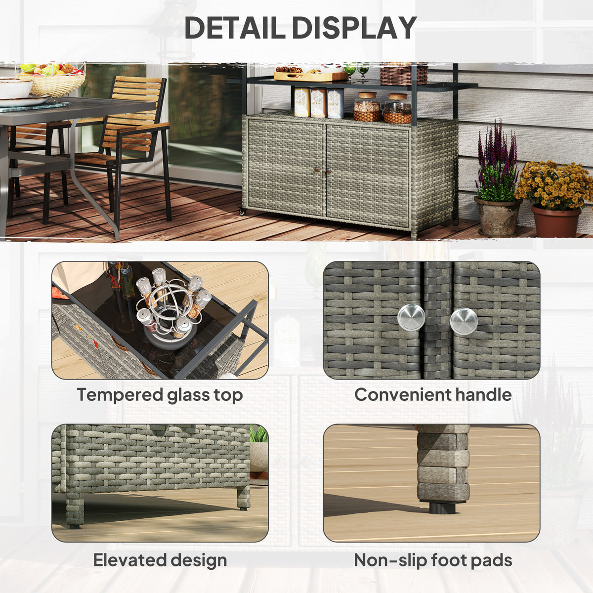 2-Tier Shelf PE Rattan Outdoor Bar Table, Glass Top Outdoor Serving Cart with Cabinet, Mixed Gray