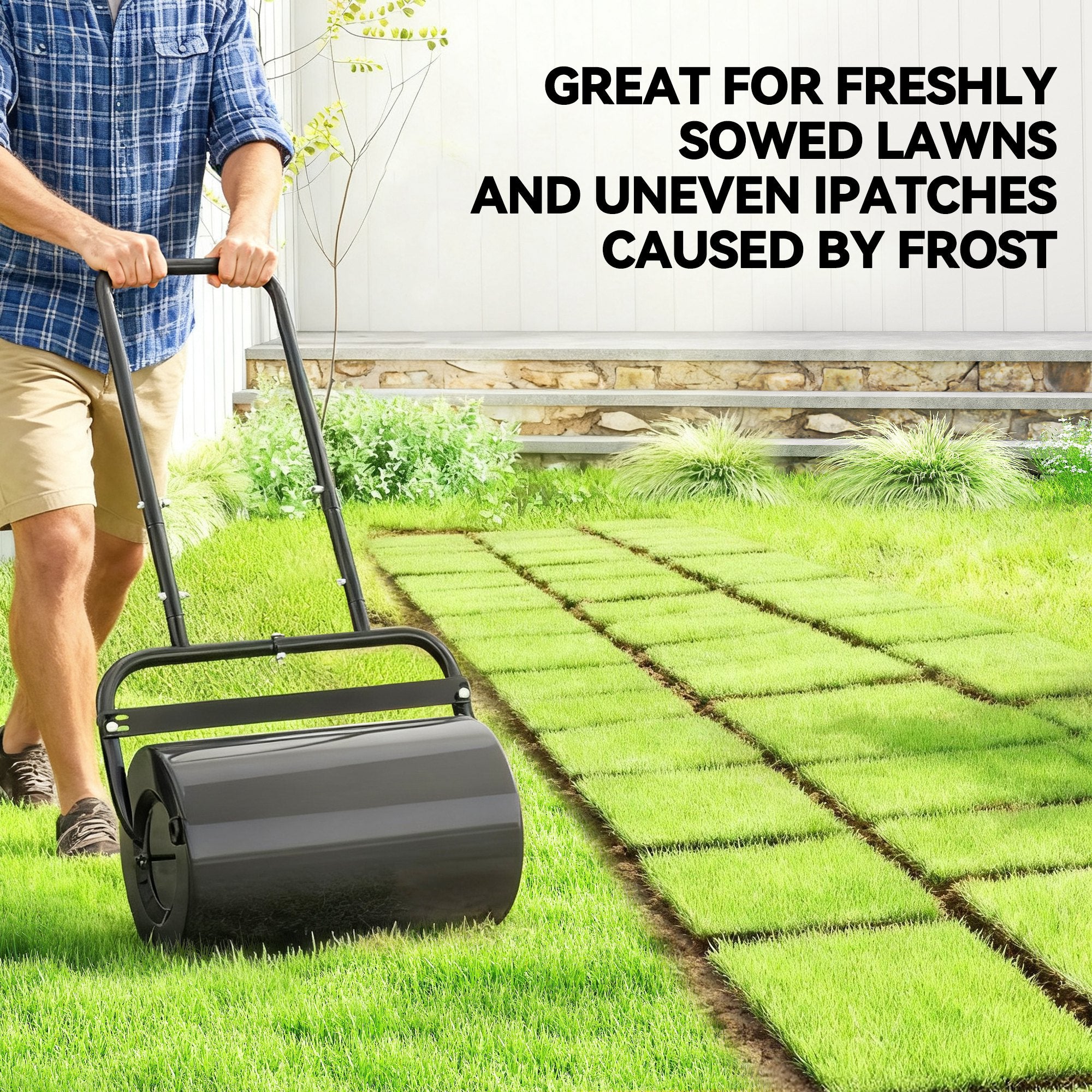 20-Inch Push/Tow Behind Lawn Roller Filled with 10 Gal Water or Sand for Flattening Sod in the Garden, Black - Black - Image 5