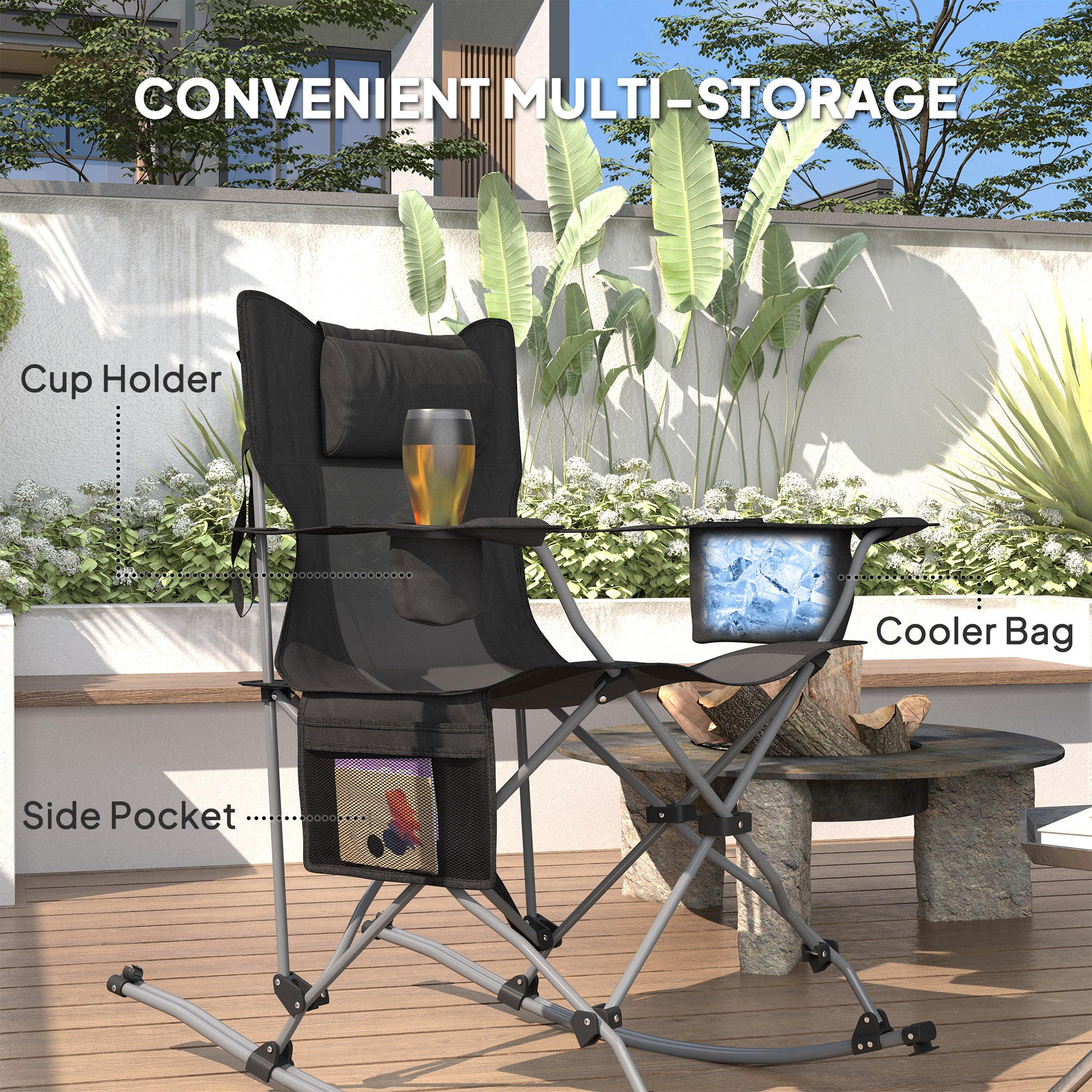 Folding Rocking Camping Chairs, Portable Chairs with Headrest, Cooler Bag, Cup Holder, Carry Bag, 2 Pack, Black