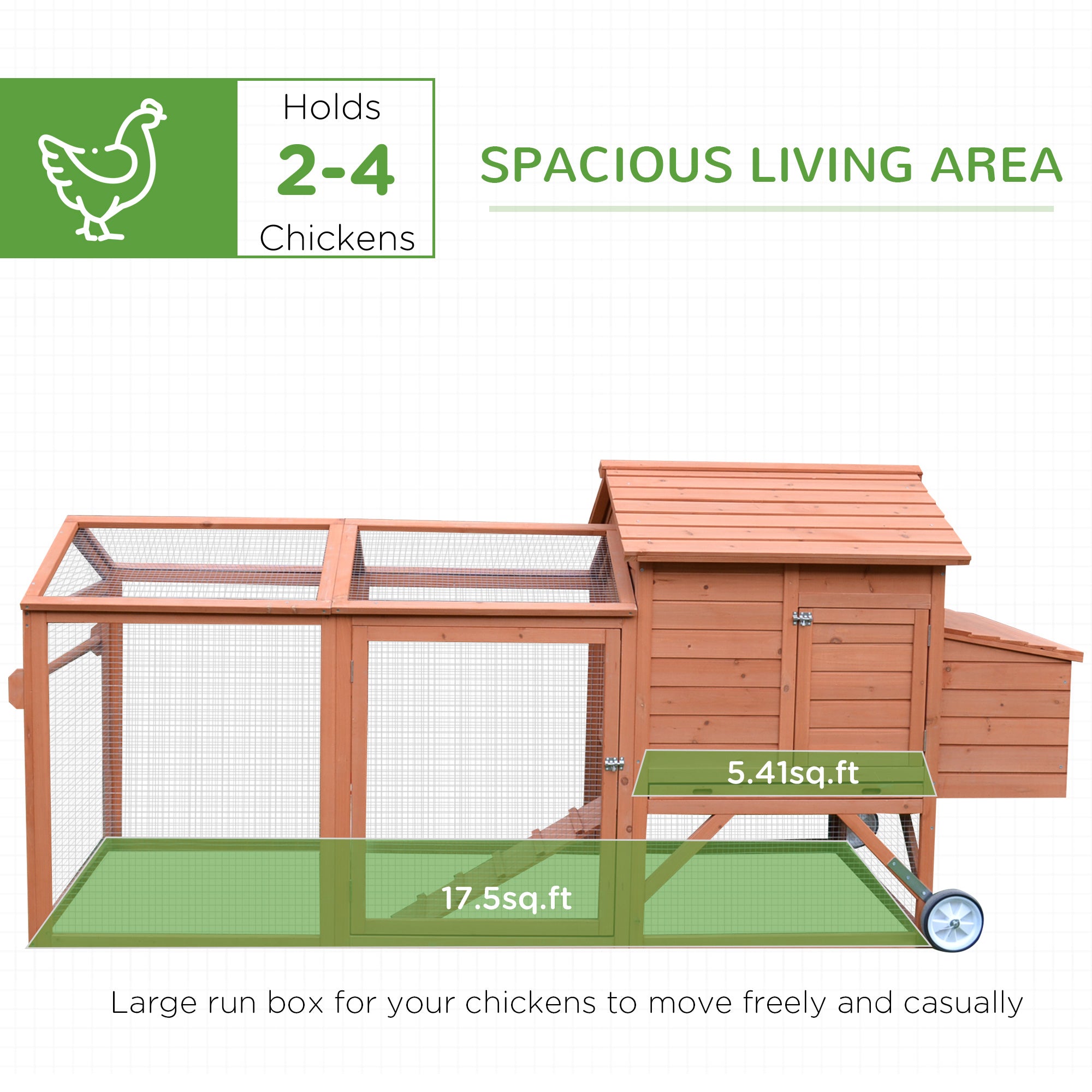 96.5" Chicken Coop Wooden Hen House Poultry Cage Pen Portable with Wheels and Nesting Box, Chicken Cage for Backyard Outdoor, Natural - Brown - Image 4