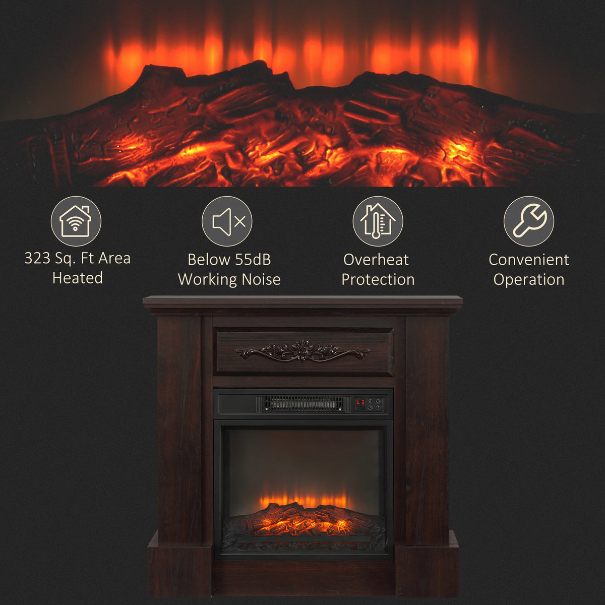 32" Electric Fireplace with Mantel, Freestanding Heater with LED Log Flame, Overheat Protection and Remote Control, 1400W, White