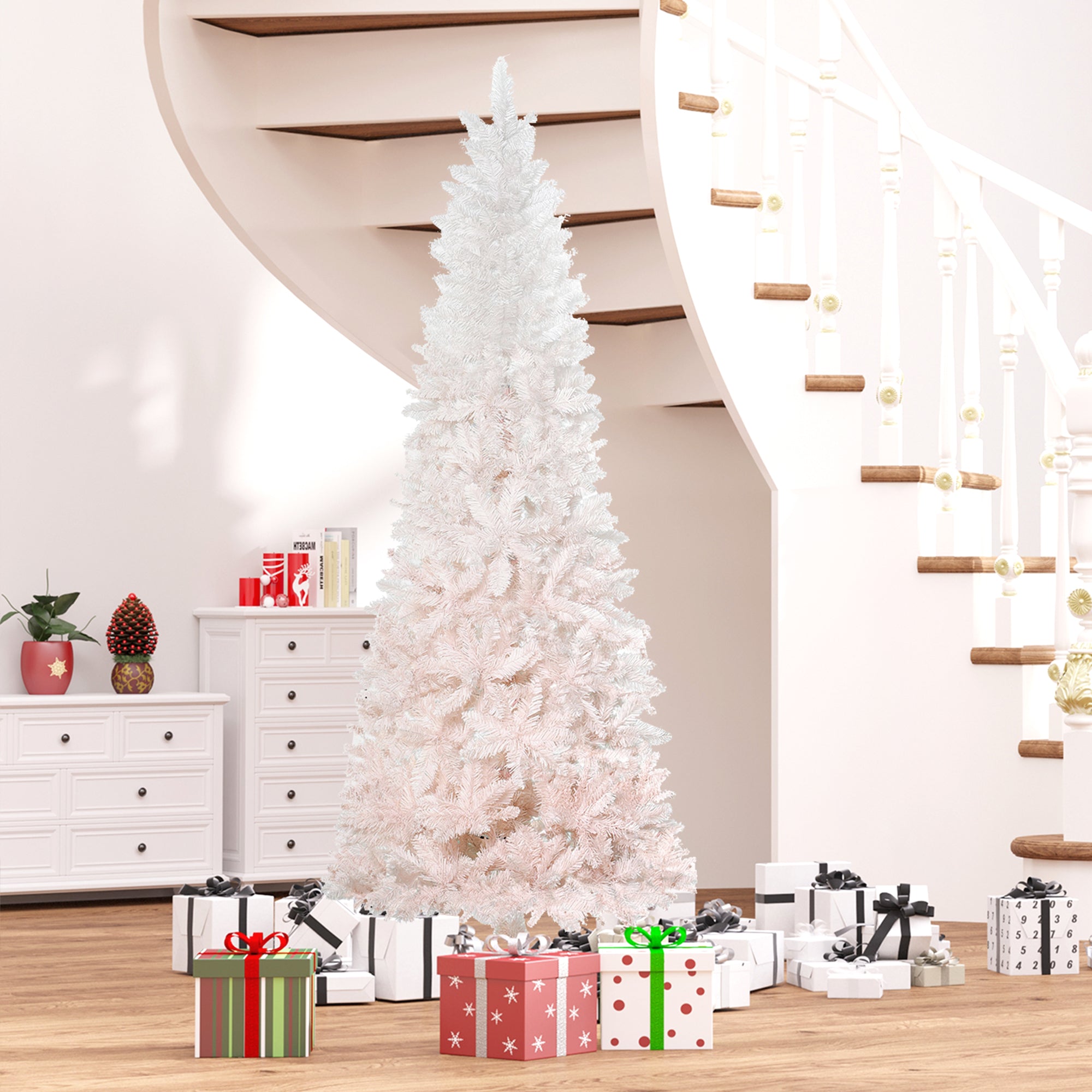 7' Tall Unlit Pencil Fir Artificial Christmas Tree with Realistic Branches and Steel Base, Pink and White