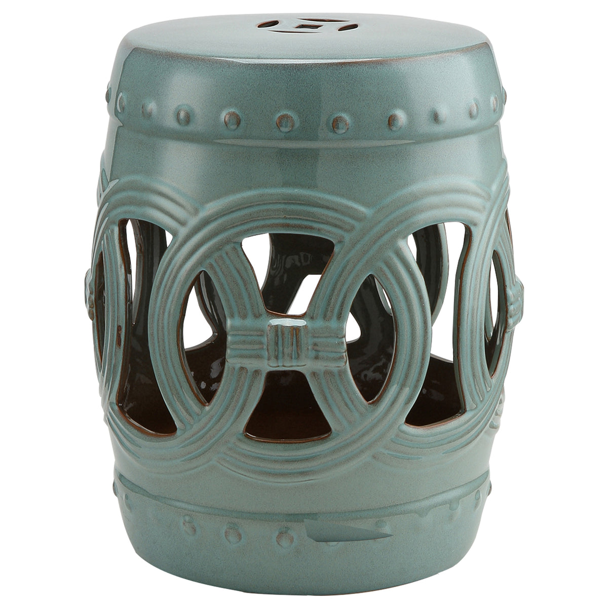 14" x 17" Ceramic Garden Stool with Double-Coin Knotted Ring Design & Strong Glazed Material, Decorative End Table, Home Collection, Antique Blue