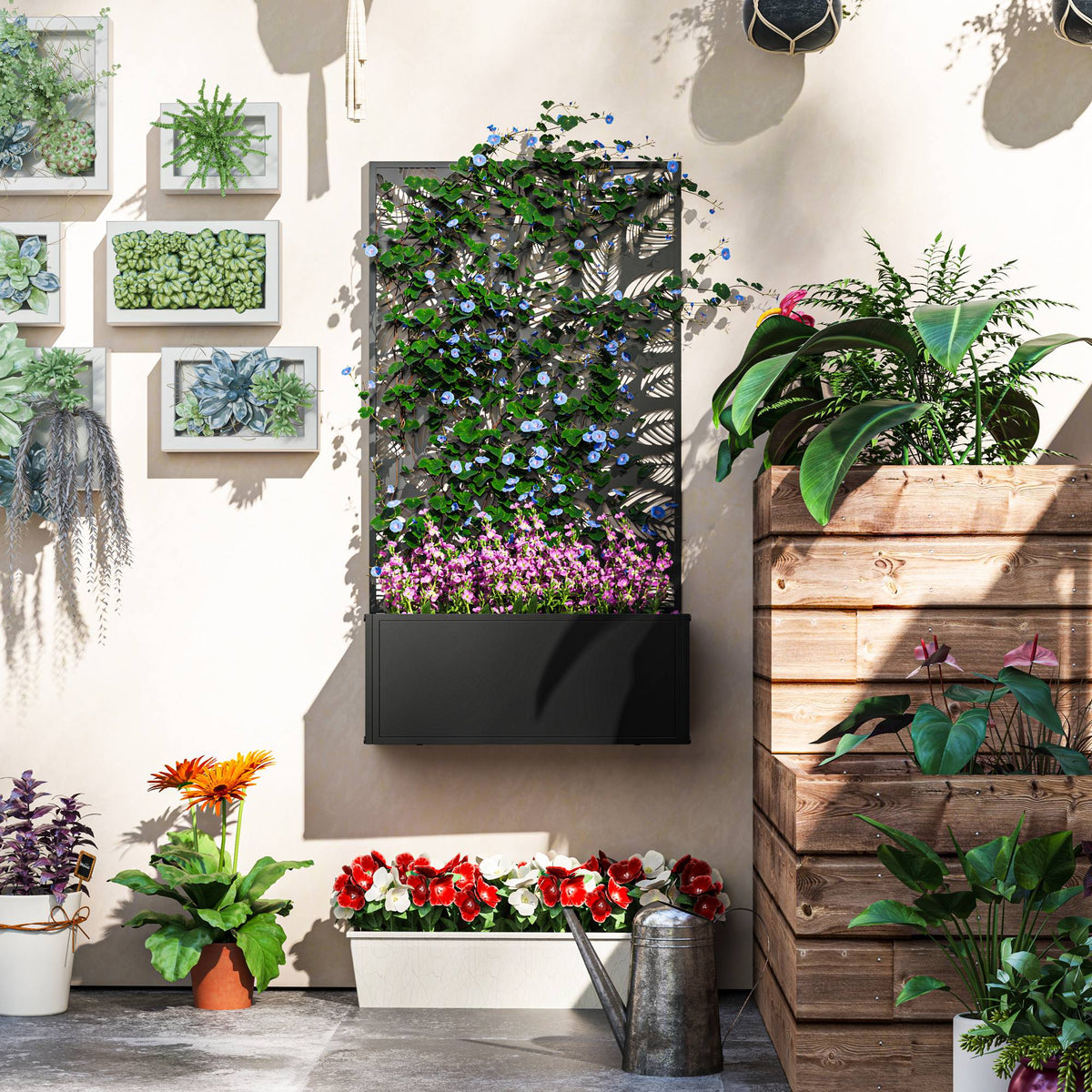 Metal Garden Bed with Trellis for Climbing Plants, Freestanding or Wall Mounted Flower Bed for Garden, Patio, Balcony