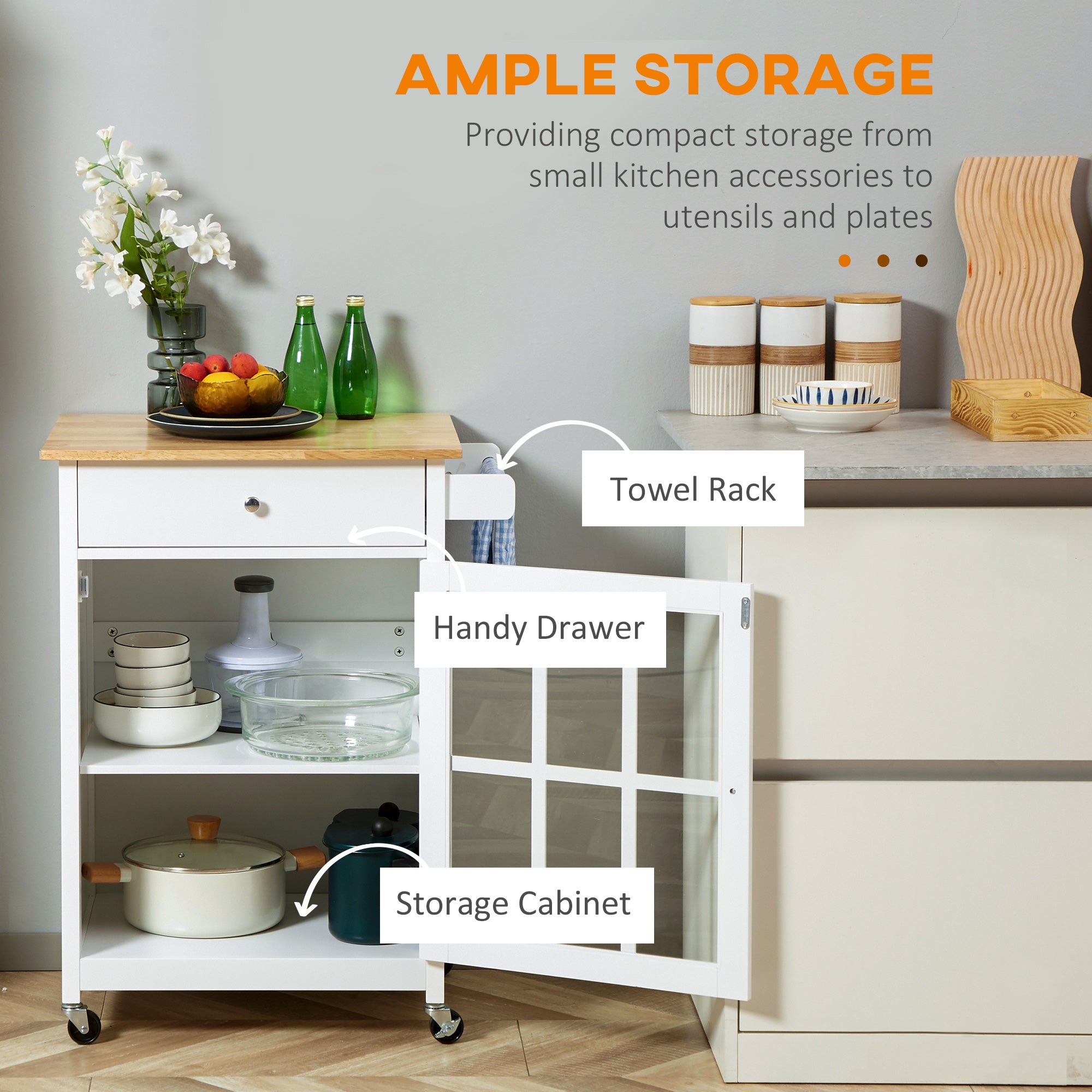 27" Rolling Kitchen Island Cart with Drawer and Glass Door Cabinet, Kitchen Trolley with Adjustable Shelf and Towel Rack, White