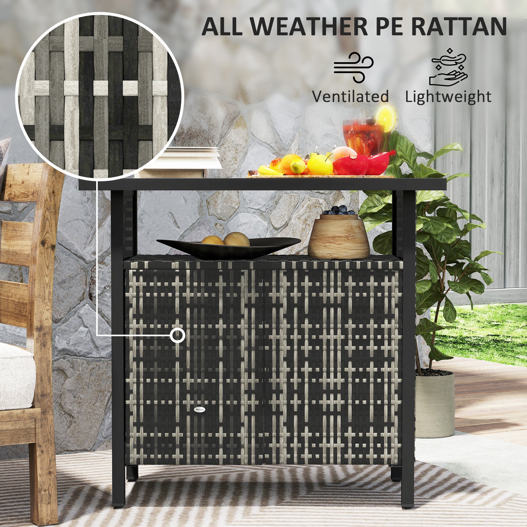Outdoor Pool Towel Storage Cabinet Organizer, Outdoor Bar Table with Shelf and Cabinet, Pool Towel Holder Pool Valet with Weather-Resistant PE Rattan and Steel Frame, Mixed-Gray - Mixed-Gray - Image 5