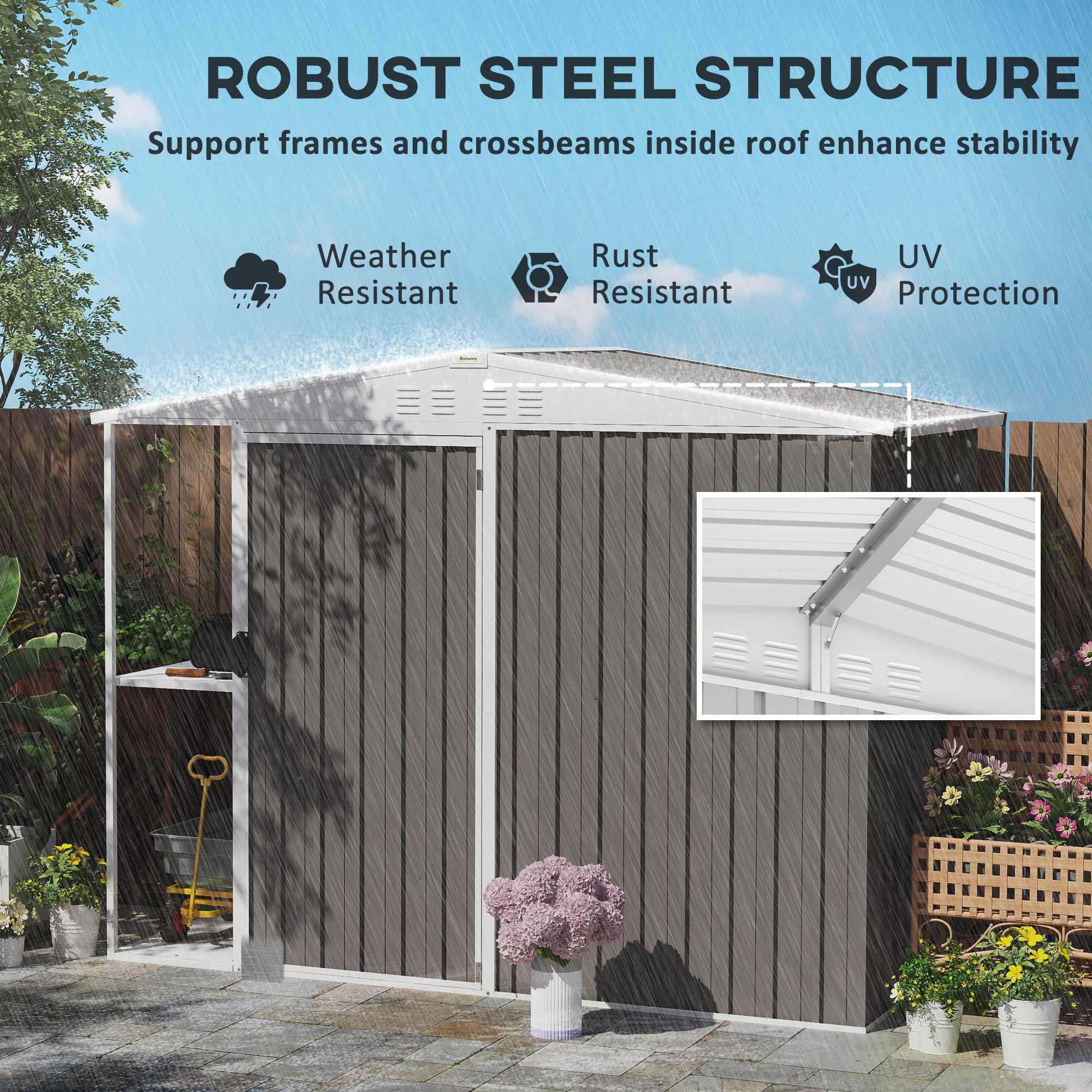 8 x 4ft Outdoor Garden Shed, Metal Shed with Air Vents and Lock for Backyard, Garden, Patio, Warm Gray - Gray - Image 8