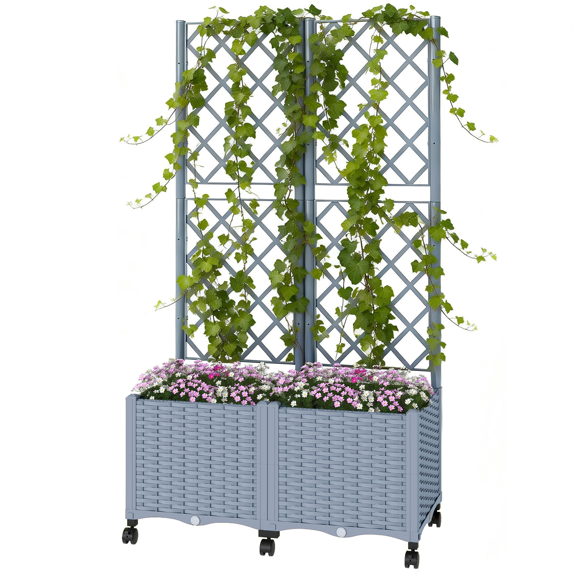 Planter Box with Trellis, Self Watering Raised Garden Bed with Lockable Wheels and Drainage Holes, Gray - Gray