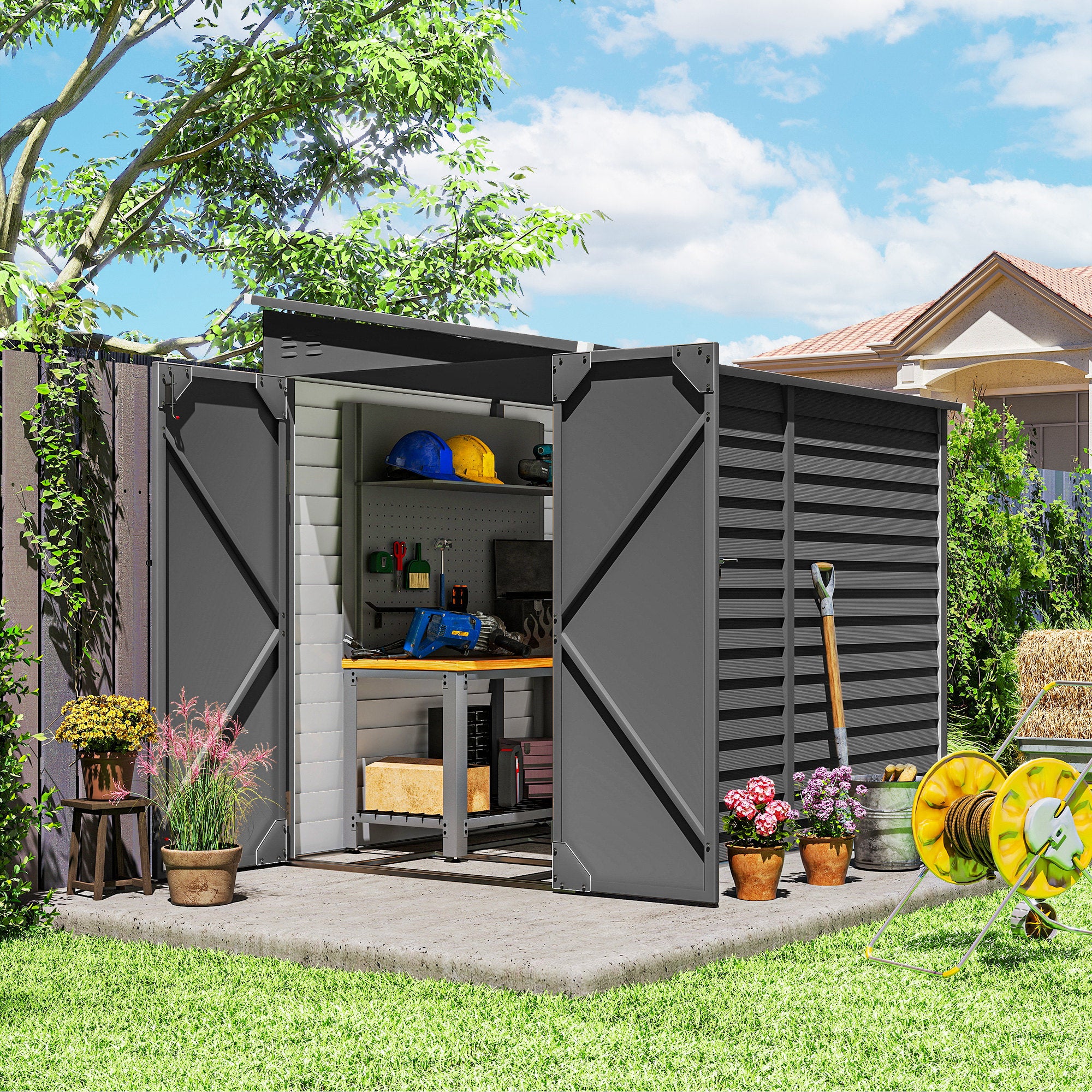 Grey Storage Shed 4.6x9 Metal Lean-to Outdoor Storage - Dark Gray - Image 2