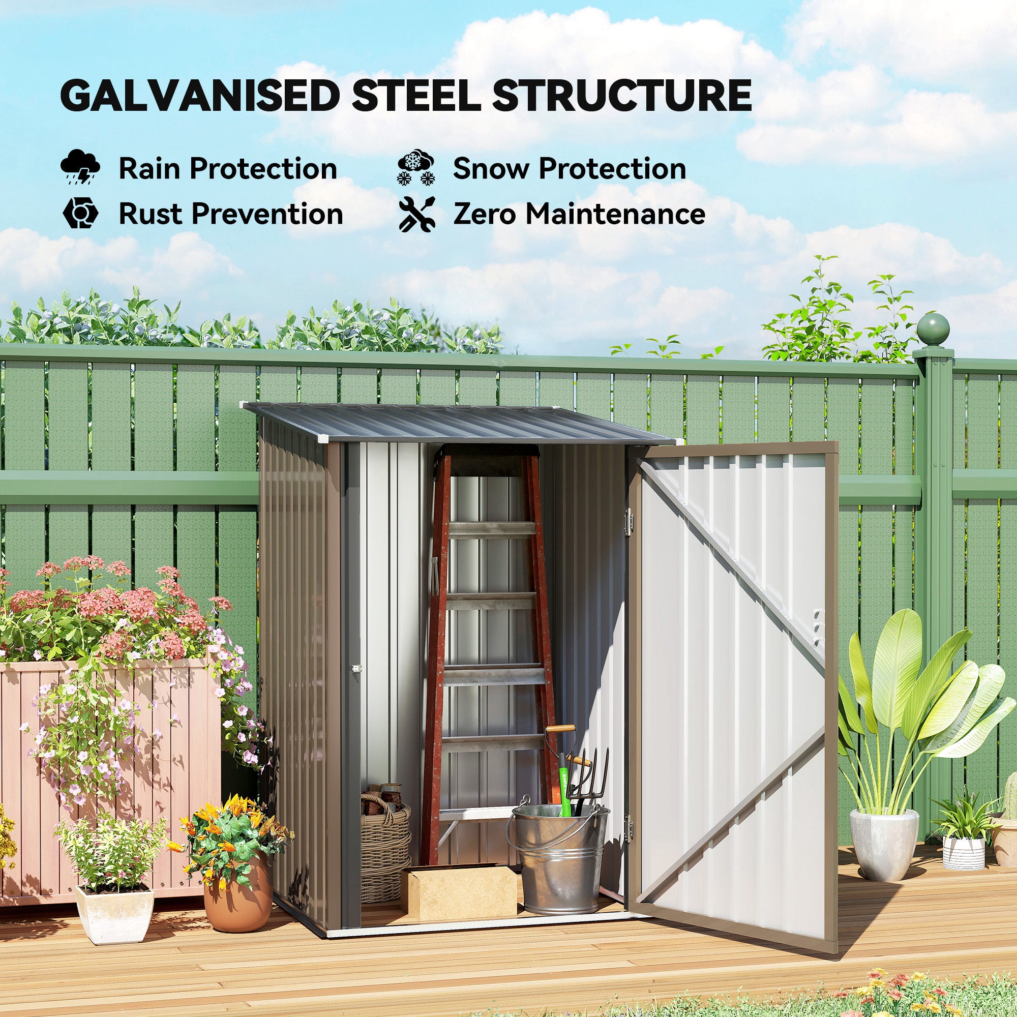 Outdoor 3.3' x 3.4' Lean-to Garden Storage Shed, Galvanized Steel Tool House with Lockable Door for Patio, Brown - Brown - Image 4