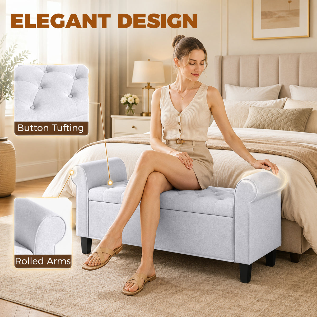 47" Storage Ottoman Bench, Tufted End of Bed Bench with Rolled Arms, Safety Hinge, Wood Legs for Bedroom, Light Gray