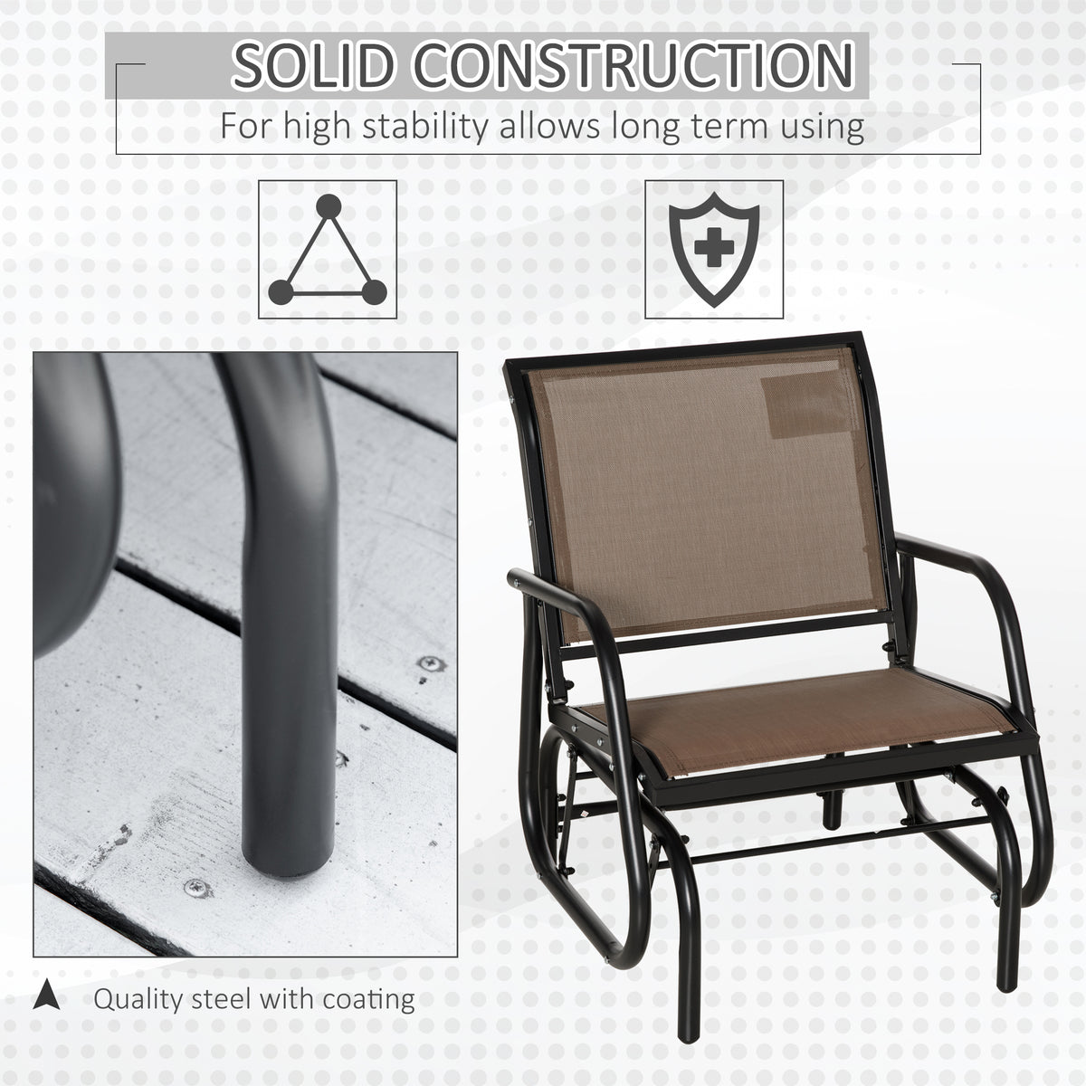 Porch Glider, Metal Frame Swing Glider Chair with Breathable Mesh Fabric, Curved Armrests and Steel Frame for Garden, Poolside, Backyard, Balcony, Brown