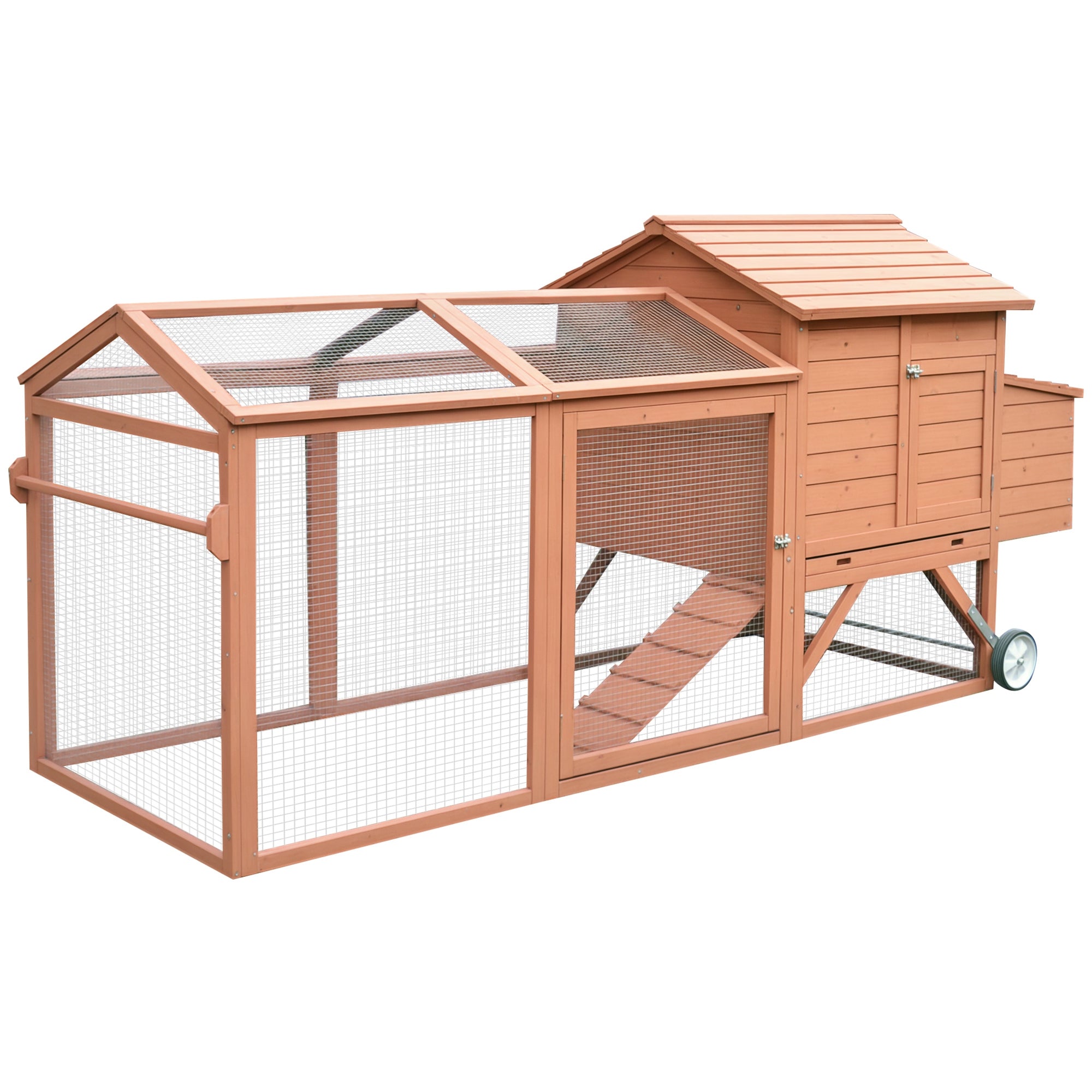 96.5" Chicken Coop Wooden Hen House Poultry Cage Pen Portable with Wheels and Nesting Box, Chicken Cage for Backyard Outdoor, Natural - Brown