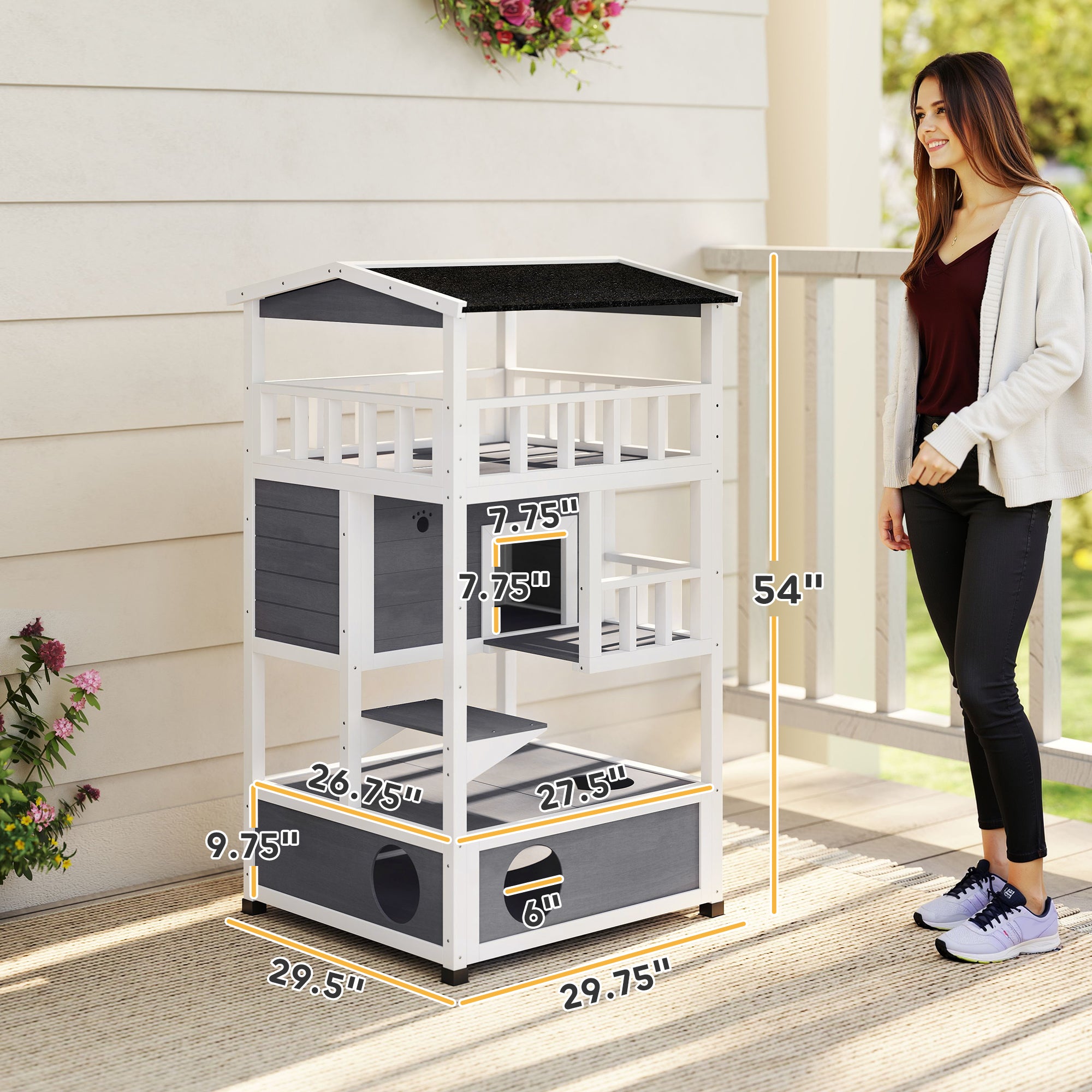 Wooden Outdoor Cat House, Feral Cat Shelter Kitten Condo with Asphalt Roof, Escape Doors, Condo, Jumping Platform, Gray - Grey - Image 3
