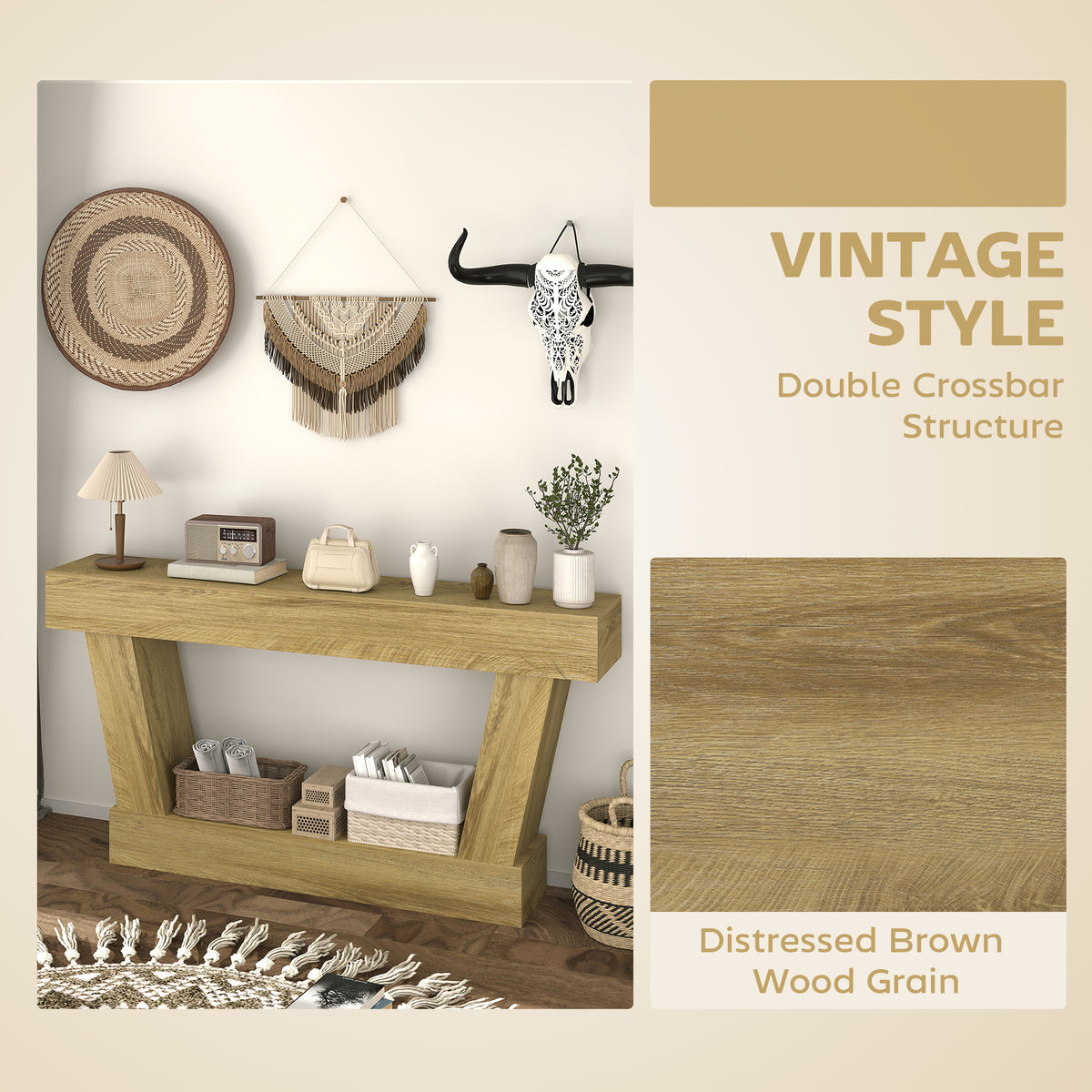 63 Inch Vintage Console Table, Narrow Entryway Table with Open Shelf for Living Room, Oak