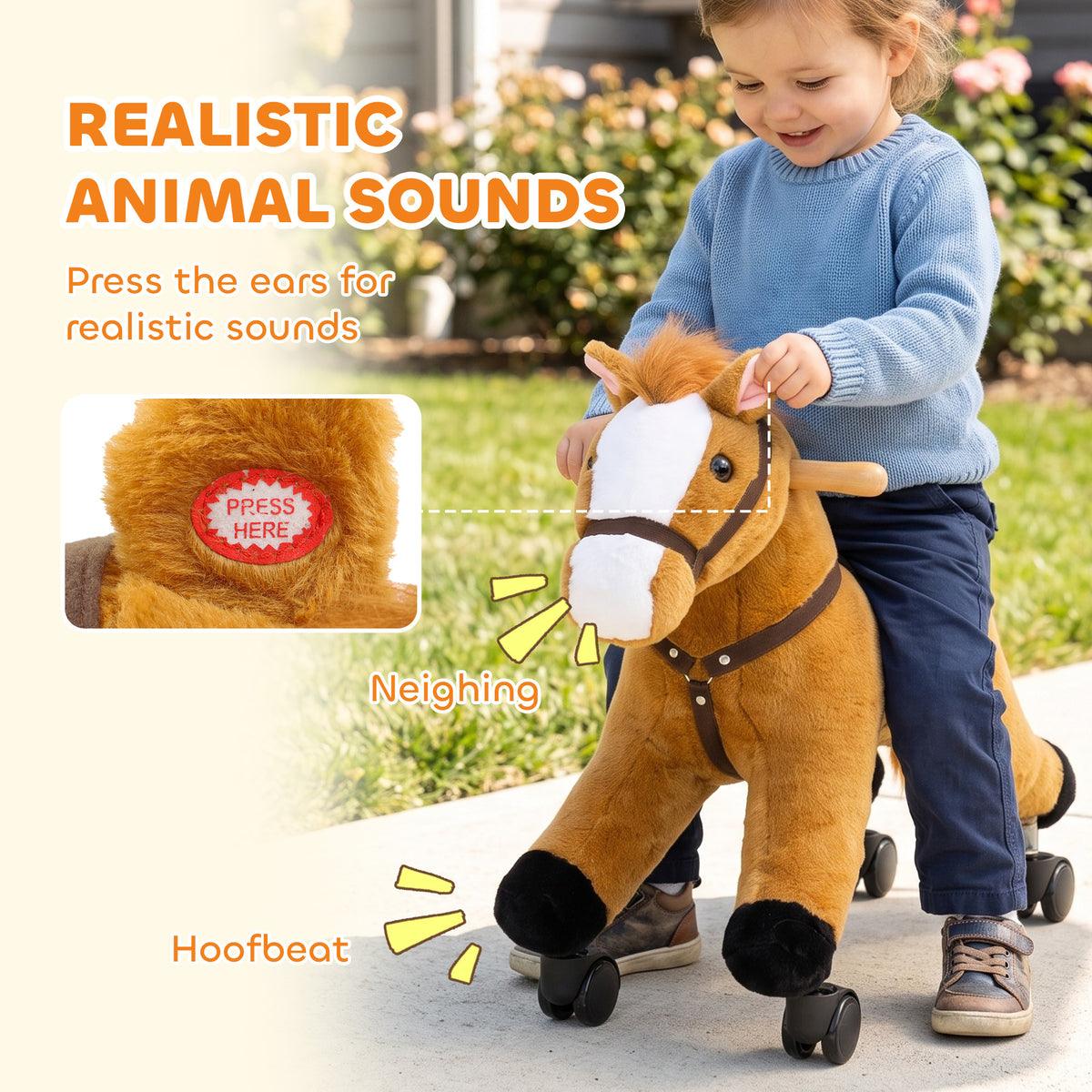 Ride on Horse, Ride on Toy with Wheels, Plush Animal Toys to Develop Balance & Coordination for Toddlers 18-36 M, Brown