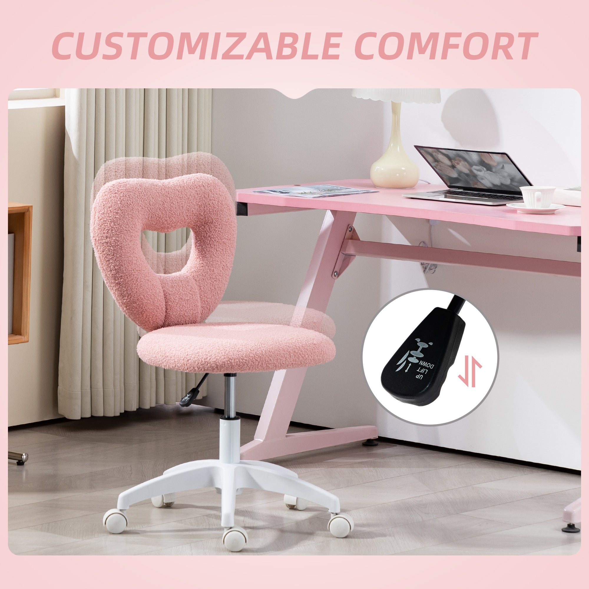 Armless Computer Desk Chair, Office Task Chair, Teddy Fleece Heart Makeup Vanity Chair with Swivel Wheels, Pink