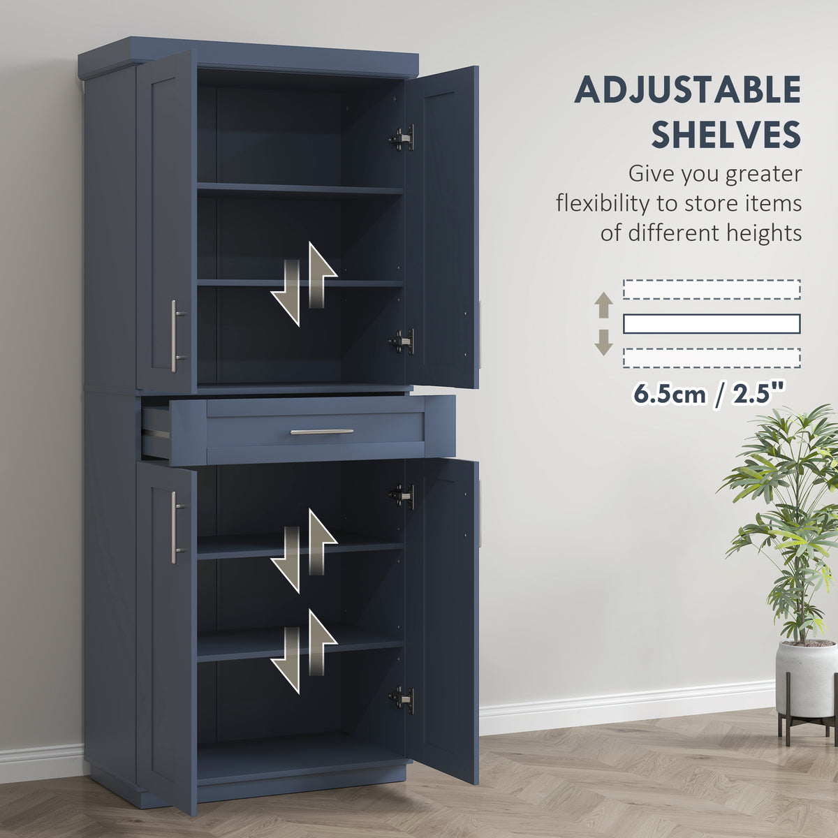 Modern Kitchen Pantry Freestanding Cabinet Cupboard with Doors and Drawer, Adjustable Shelving, Navy Blue