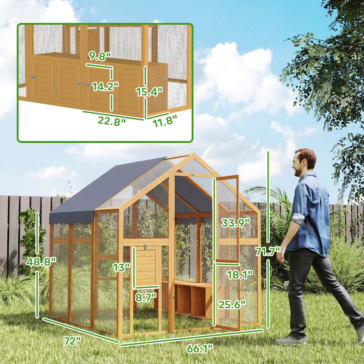 Large Wooden Chicken Run with Waterproof & Anti-UV Cover, for 6-8 Chickens, for Backyard, Farm, Yellow