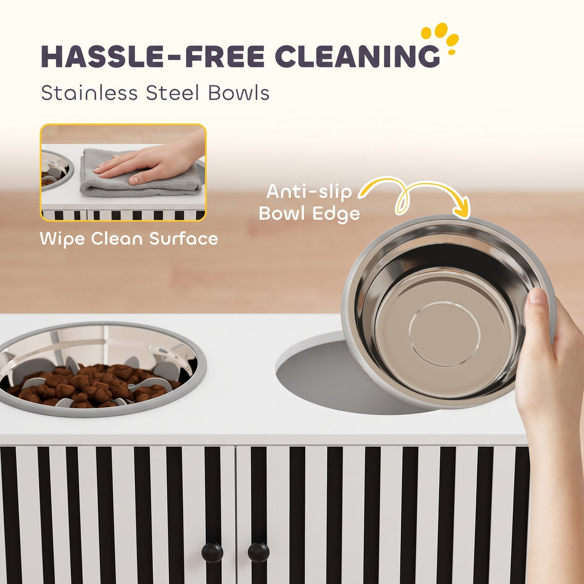Elevated Dog Bowls with Storage Cabinet, 2 Stainless Steel Bowls, Slow Feeder, Dog Feeding Station for Large Dogs, White