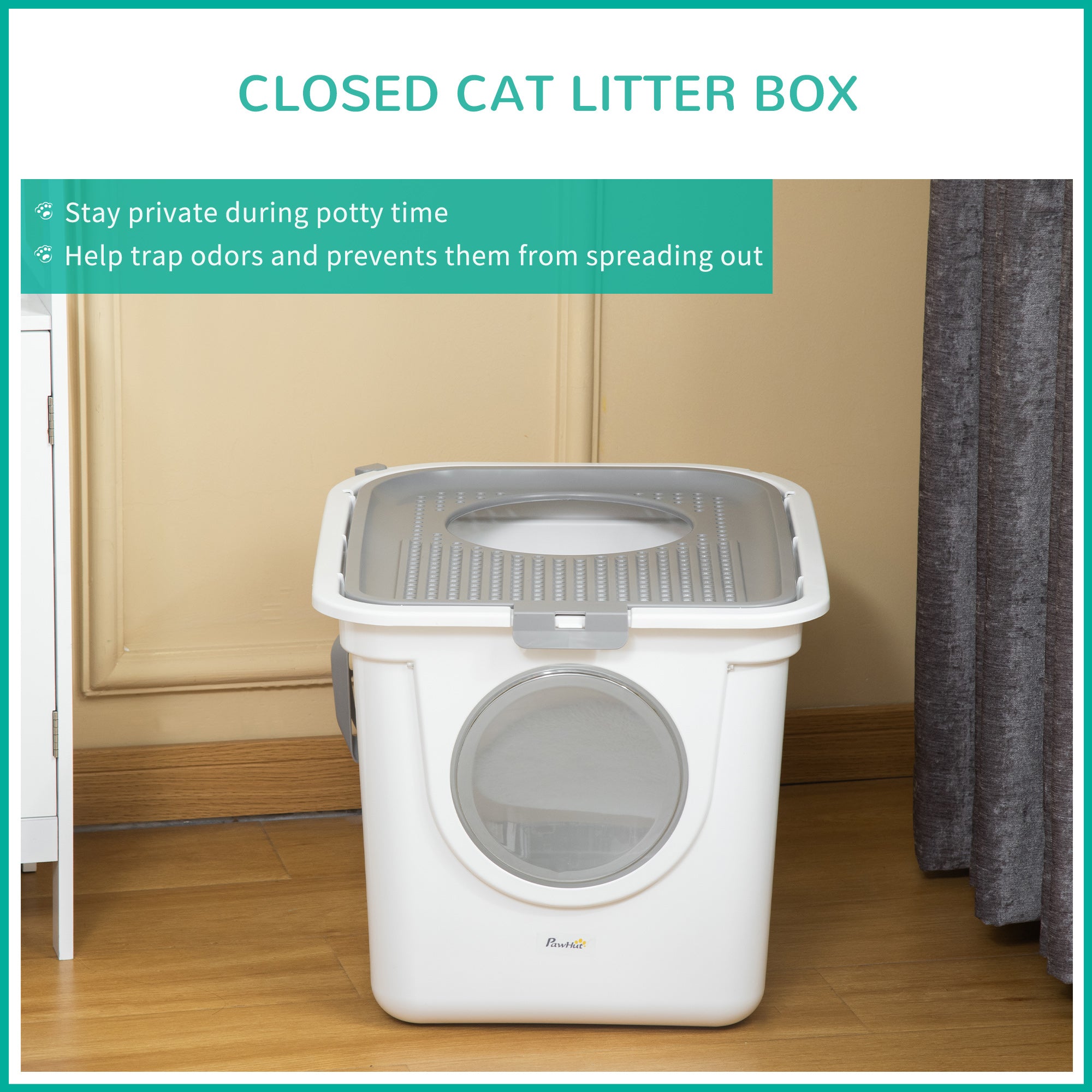 Covered Cat Litter Box, Easy Cleaning Kitty Litter Box with Front Entrance, Top Exit, Scoop, for Odor Control, White - White - Image 5