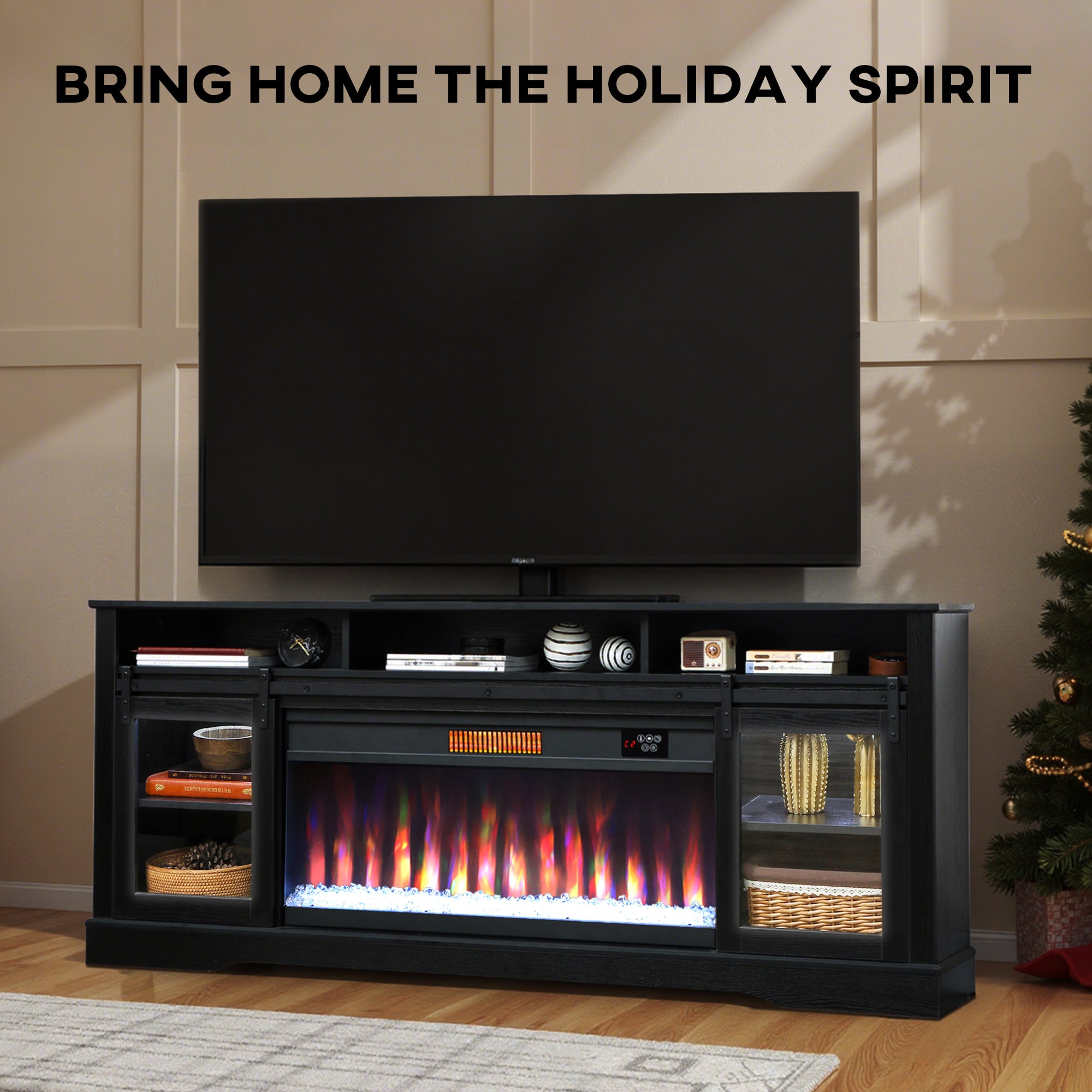 Fireplace TV Stand for TVs Up to 80 Inch, TV Console with Electric Fireplace, Open Storage and Side Cabinets, Black