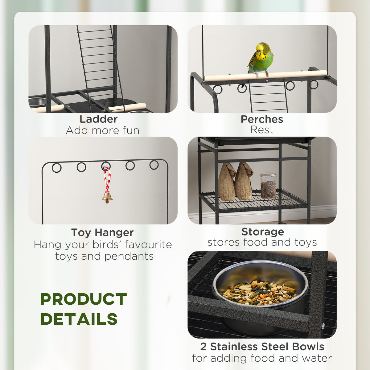 Bird Stand with Wheels, Perches, Stainless Steel Feed Bowls, Pull-Out Tray for Indoor Outdoor Small Parrot, Dark Gray