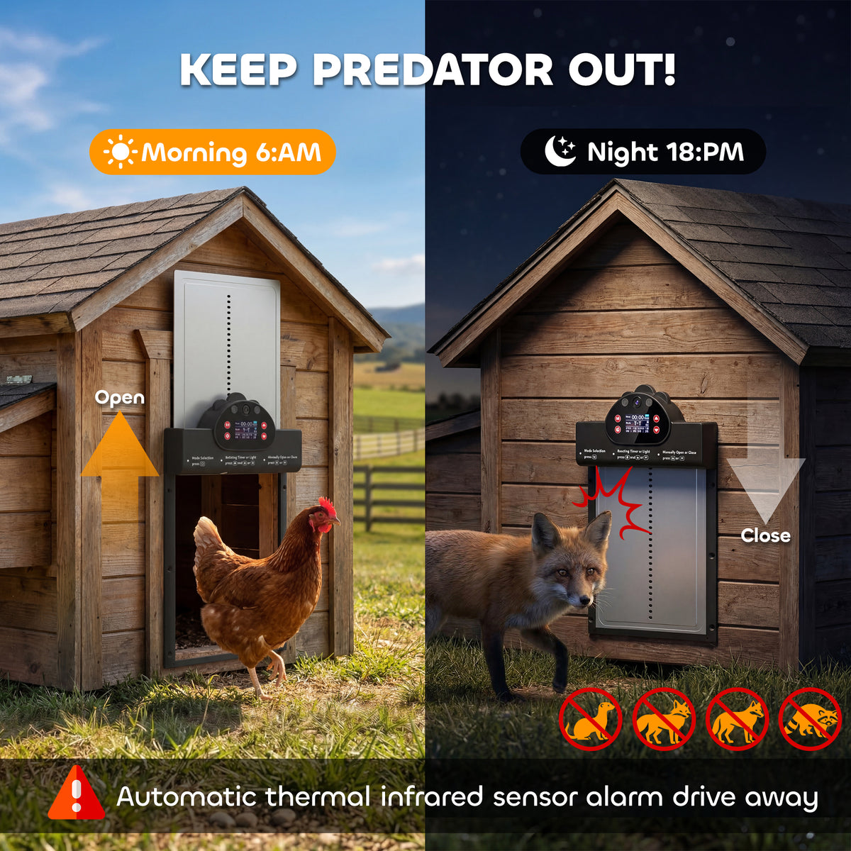2K HD AI Camera Automatic Chicken Coop Door with APP Remote Control, WiFi Solar Powered with 5200 mAh Large Battery