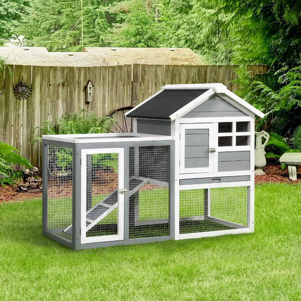 Indoor Rabbit Enclosure, 48" Weatherproof Wooden Rabbit Hutch, with Slanted Asphalt Roof & Fun Outdoor Run for Bunnies & Ferrets - Gray - Grey and White - Image 2