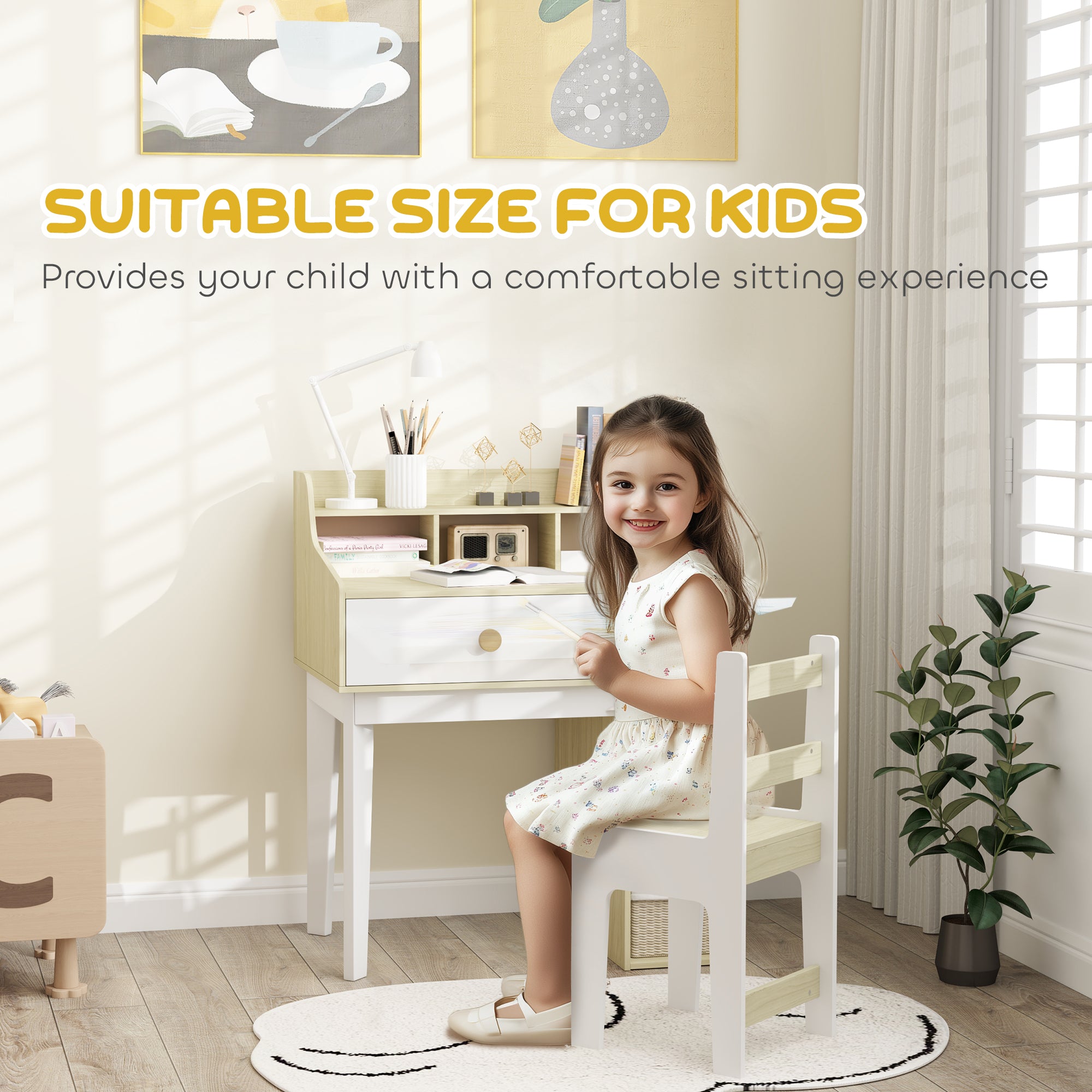 Kids Desk and Chair Set with Storage Shelves, Drawer for 3-10 Years, White