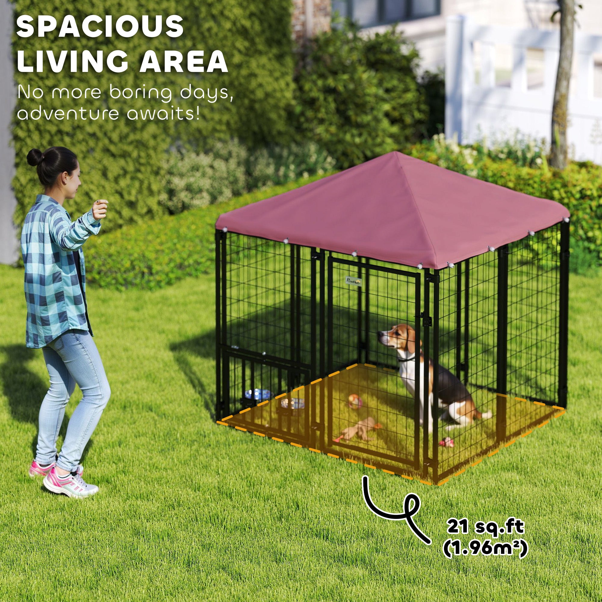 Welded Wire Outdoor Dog Kennel with 360° Rotating & 4 Levels Adjustable Bowls, Waterproof Cover, 4.6' x 4.6' x 5' - Red - Image 4