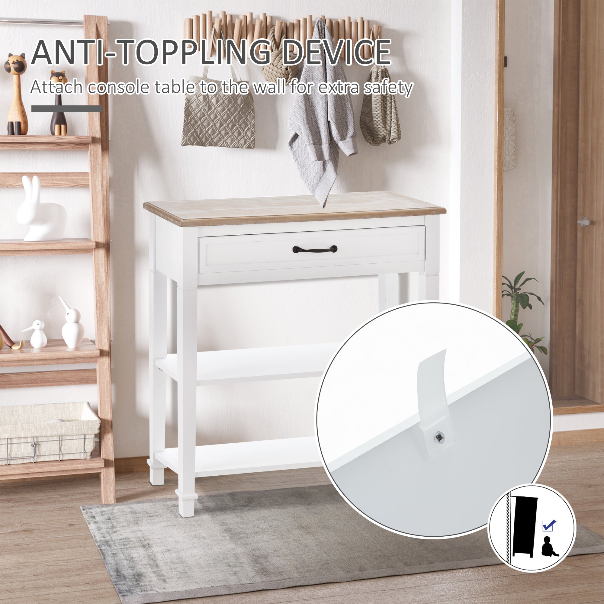 Modern Style Sofa Console Entry Hallway Table with Drawer and Shelves, Sturdy Build, and Large Storage, White
