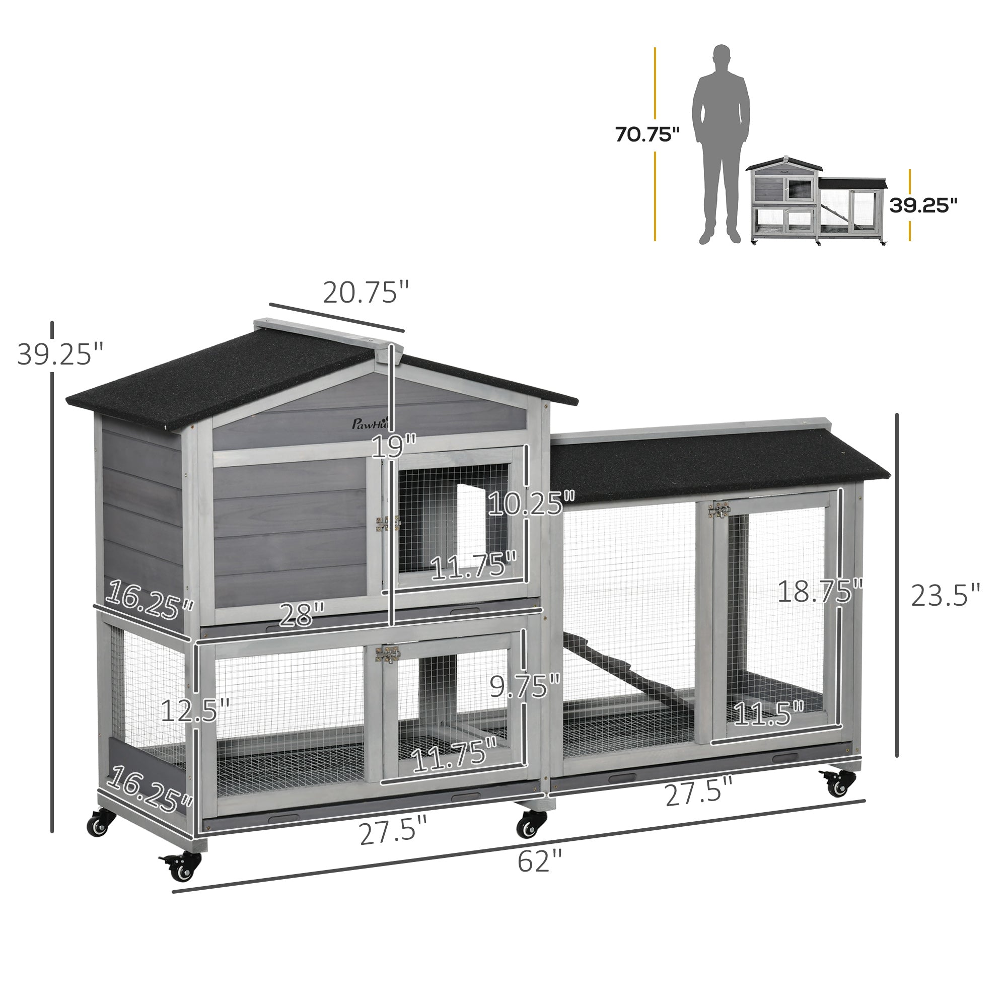 62" Wooden Mobile Rabbit Hutch with Wheels, Run Box, Slide-out Tray, Ramp - Light Grey - Image 3