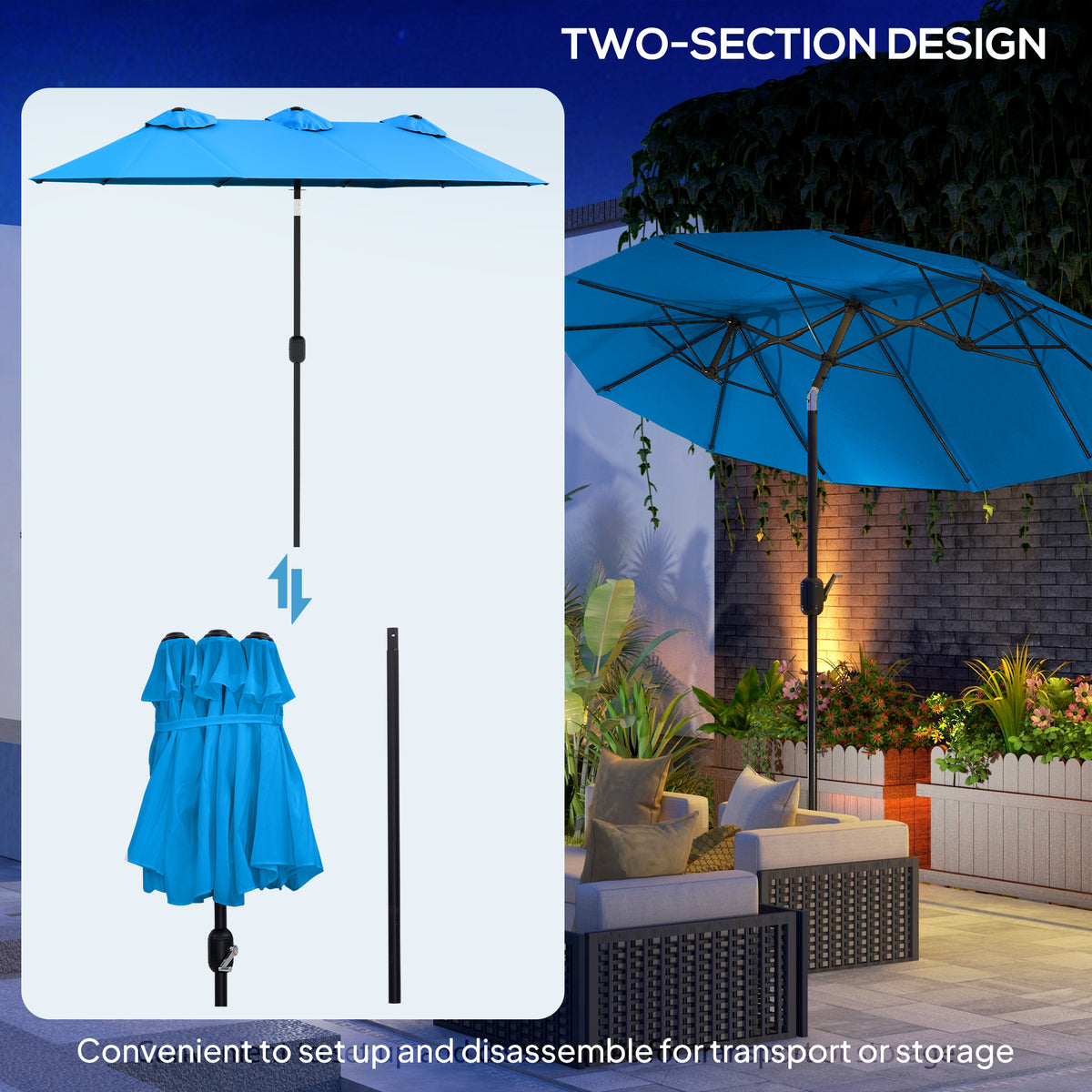 Double-sided Patio Umbrella, 9.5' Outdoor Umbrella with Push Button Tilt and Crank, 3 Air Vents and 12 Ribs, Cyan Blue
