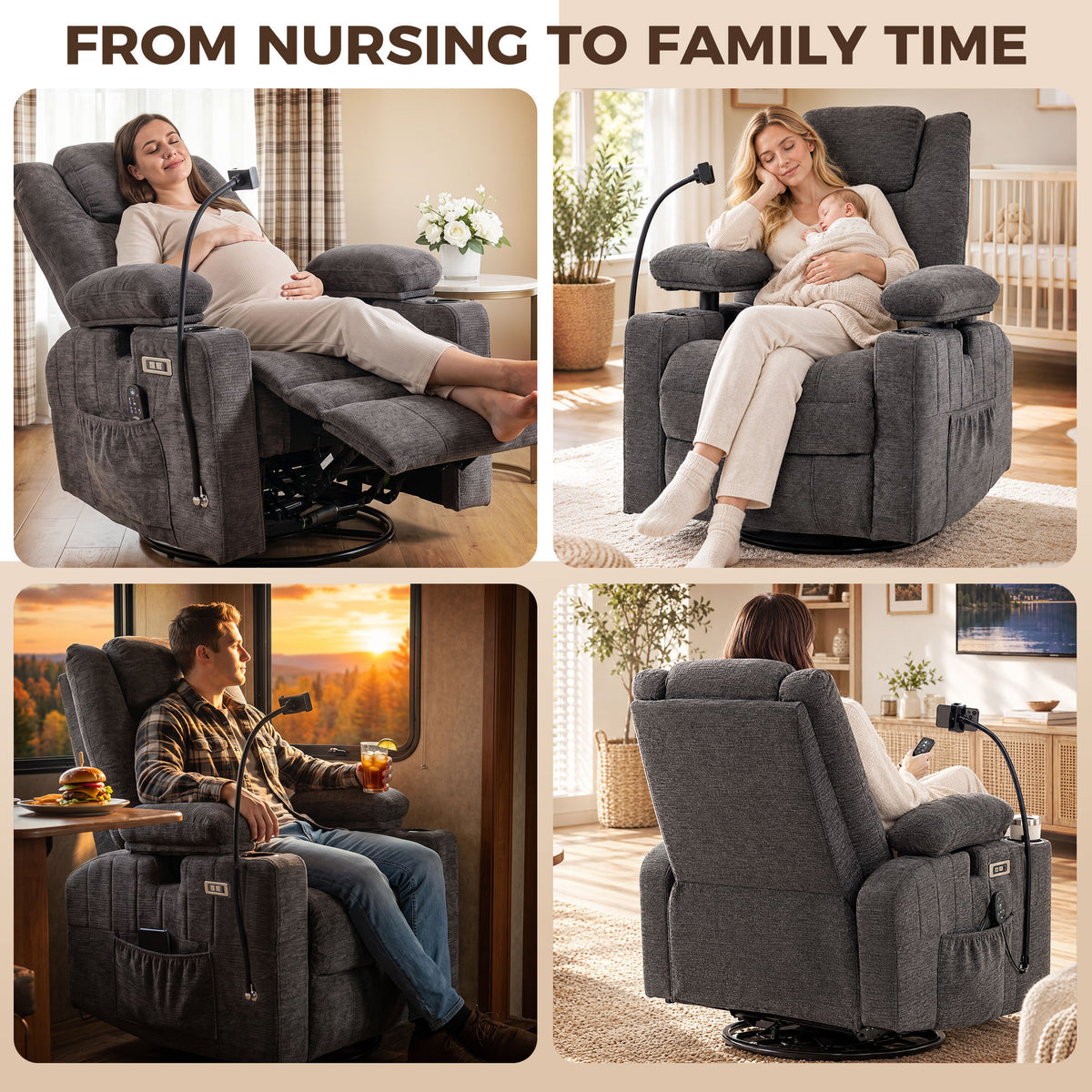 Swivel Rocker Power Recliner Chair with Massage Heat 2D Armrests Adjustable Headrest Phone Holder USB Port, Dark Gray