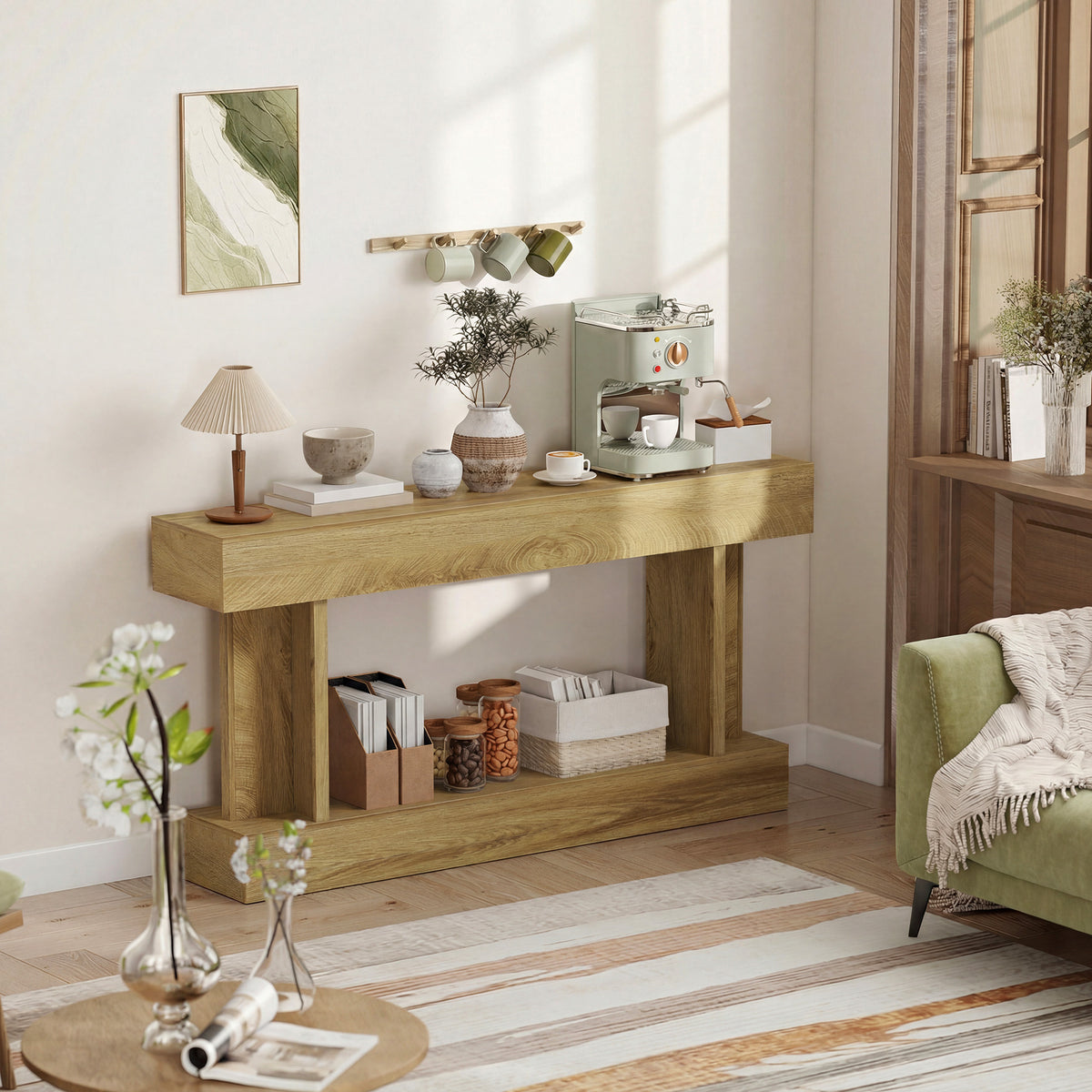 63 Inch Long Console Table, Vintage Narrow Entryway Table with Storage Shelf for Living Room and Hallway, Oak